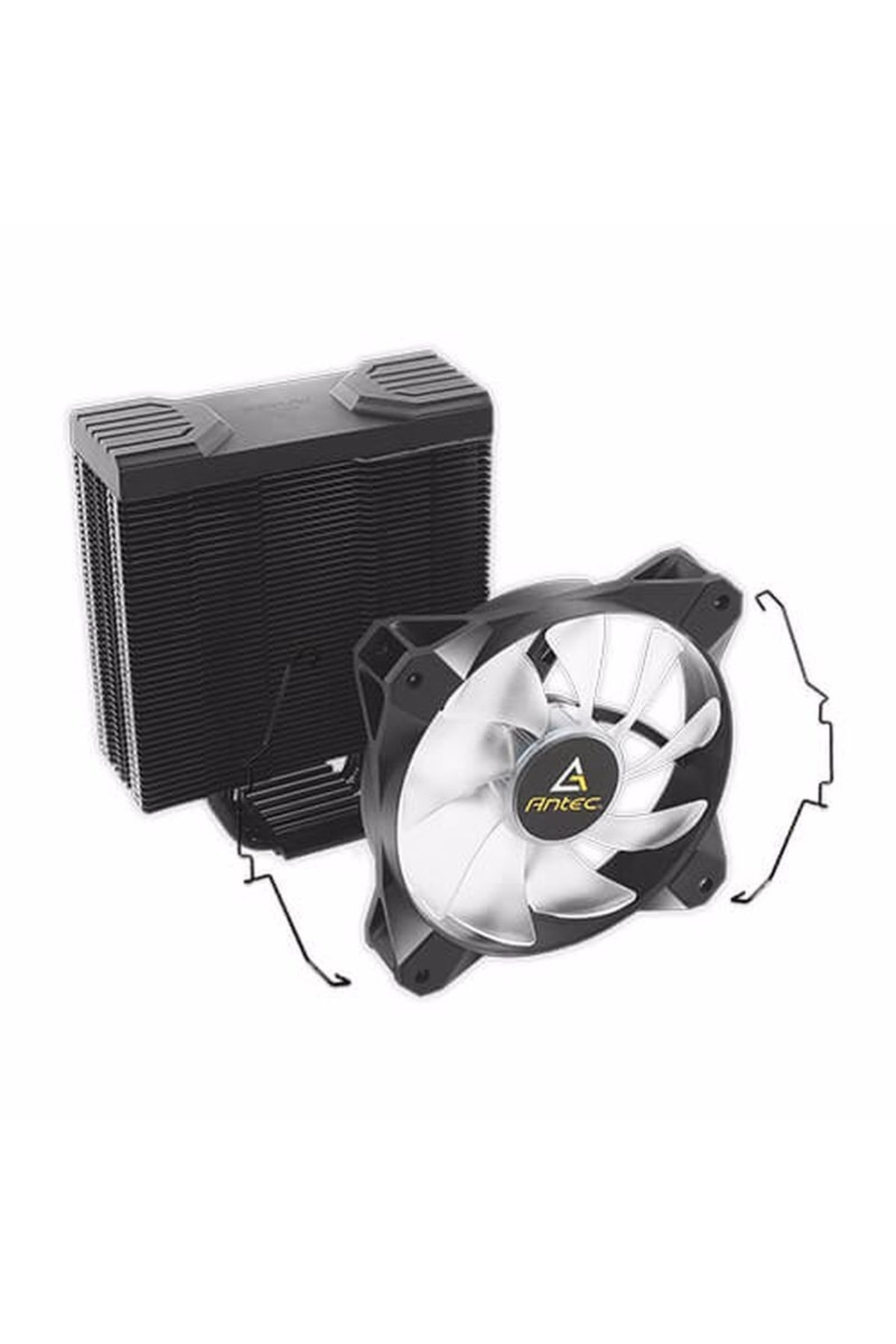 Czarna chłodnica CPU komputera z wentylatorem. Radiator jest wysoki i żebrowany. Wentylator jest przezroczysty biały.