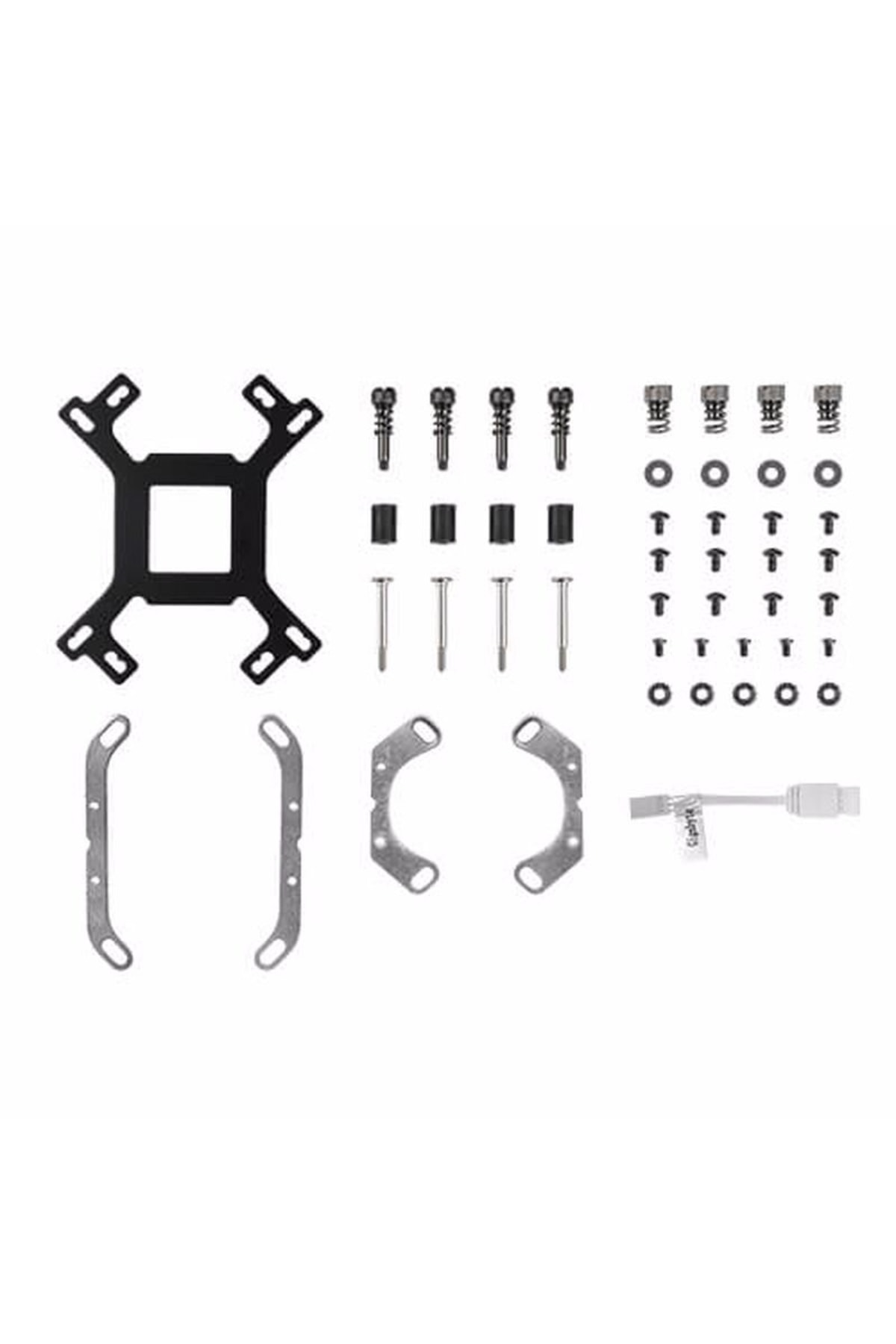 Kit di montaggio per ventola PC con staffe, viti, distanziatori e cavo.