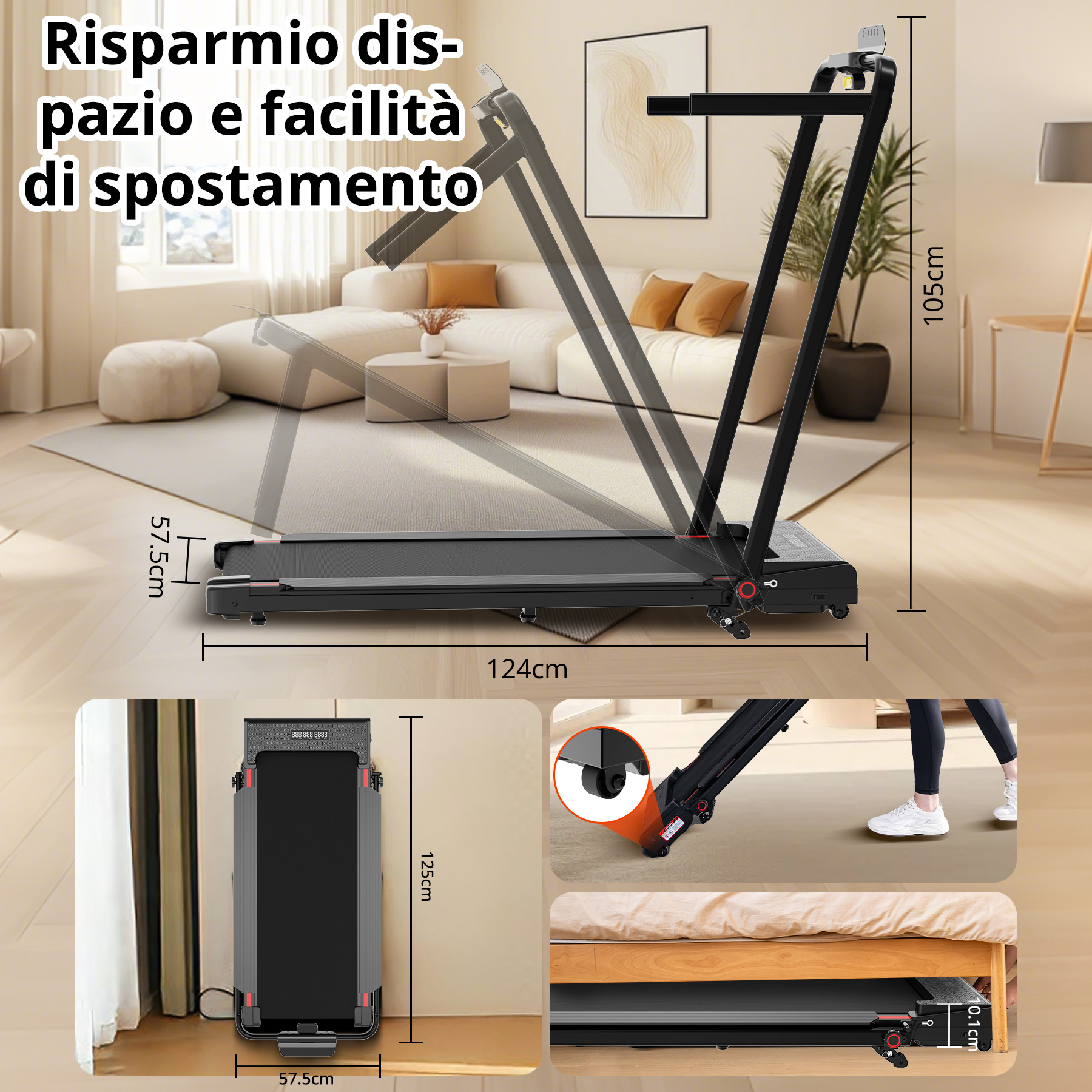 Tapis roulant pieghevole nero in soggiorno con dimensioni.