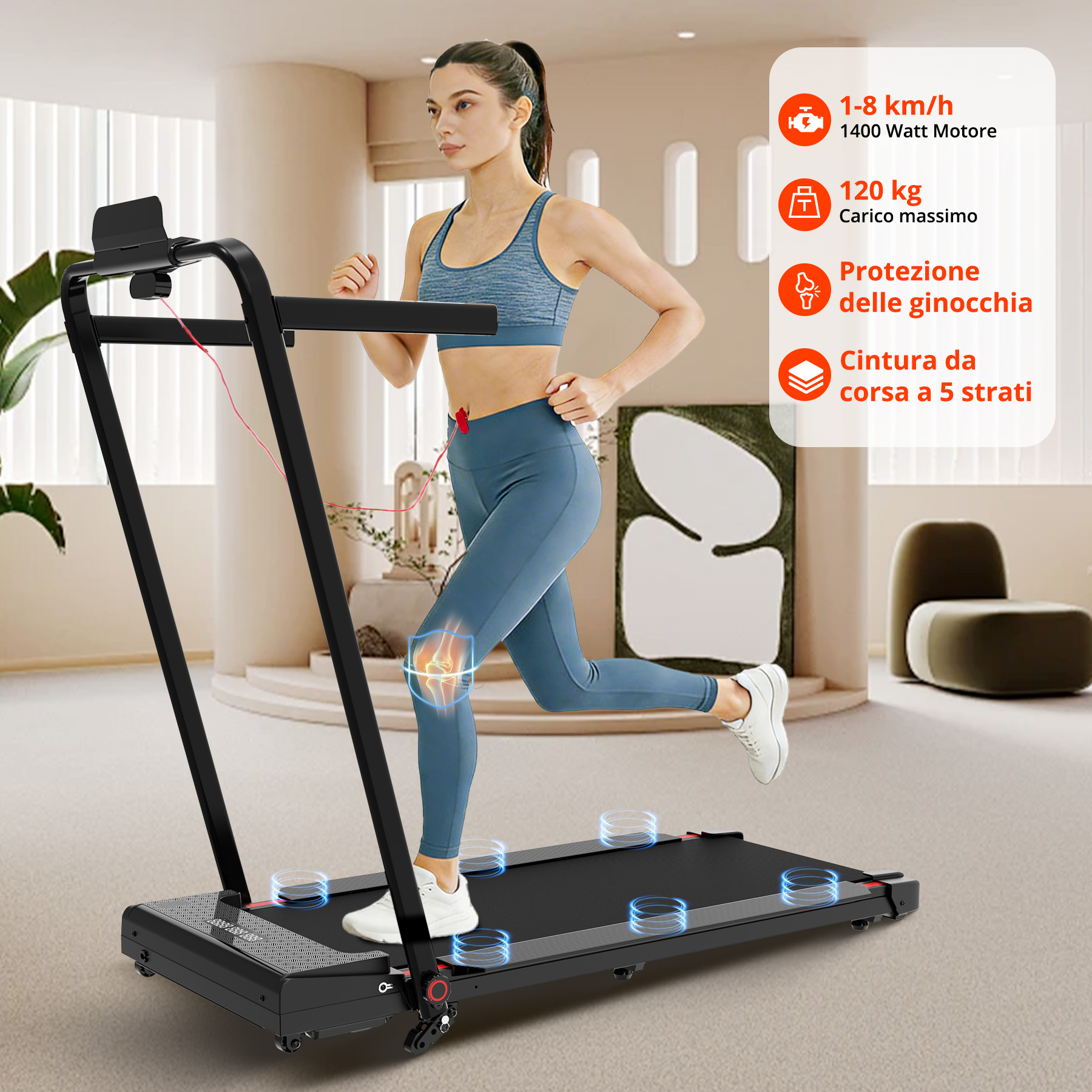Una donna corre su un tapis roulant con icona protezione ginocchio e specifiche.