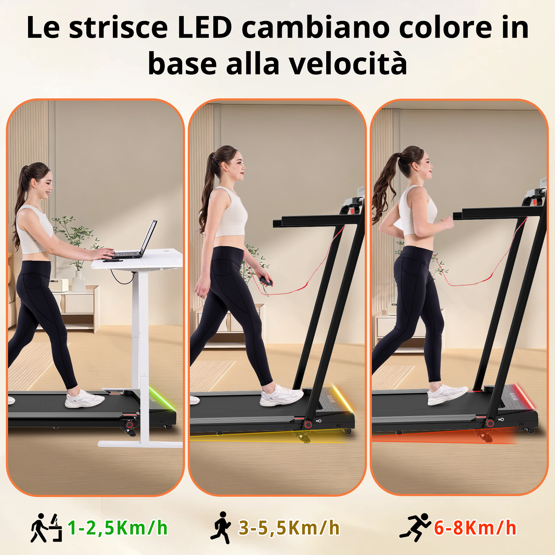 Una donna si allena su un tapis roulant, le strisce LED cambiano colore in base alla velocità.