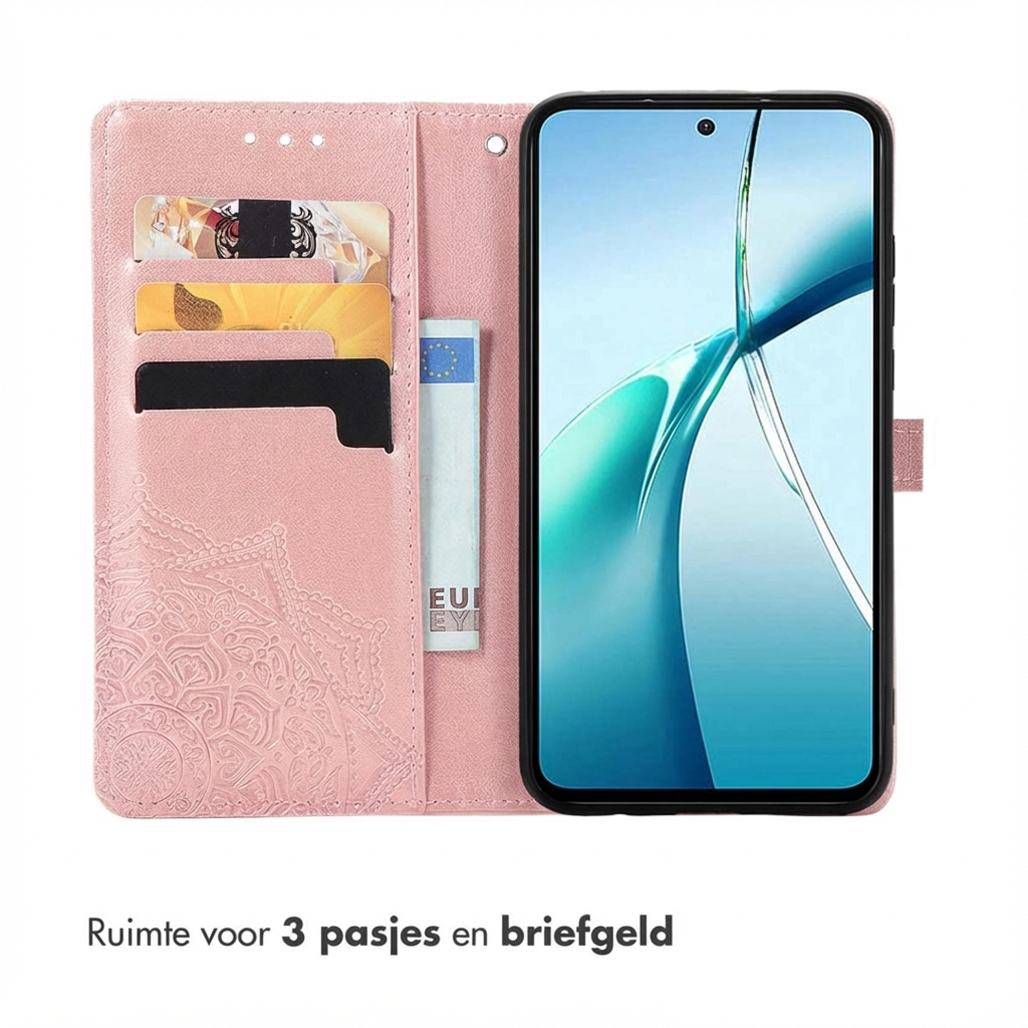 Un étui portefeuille rose pour téléphone avec un motif mandala, contenant un téléphone, trois cartes et un billet en euros.