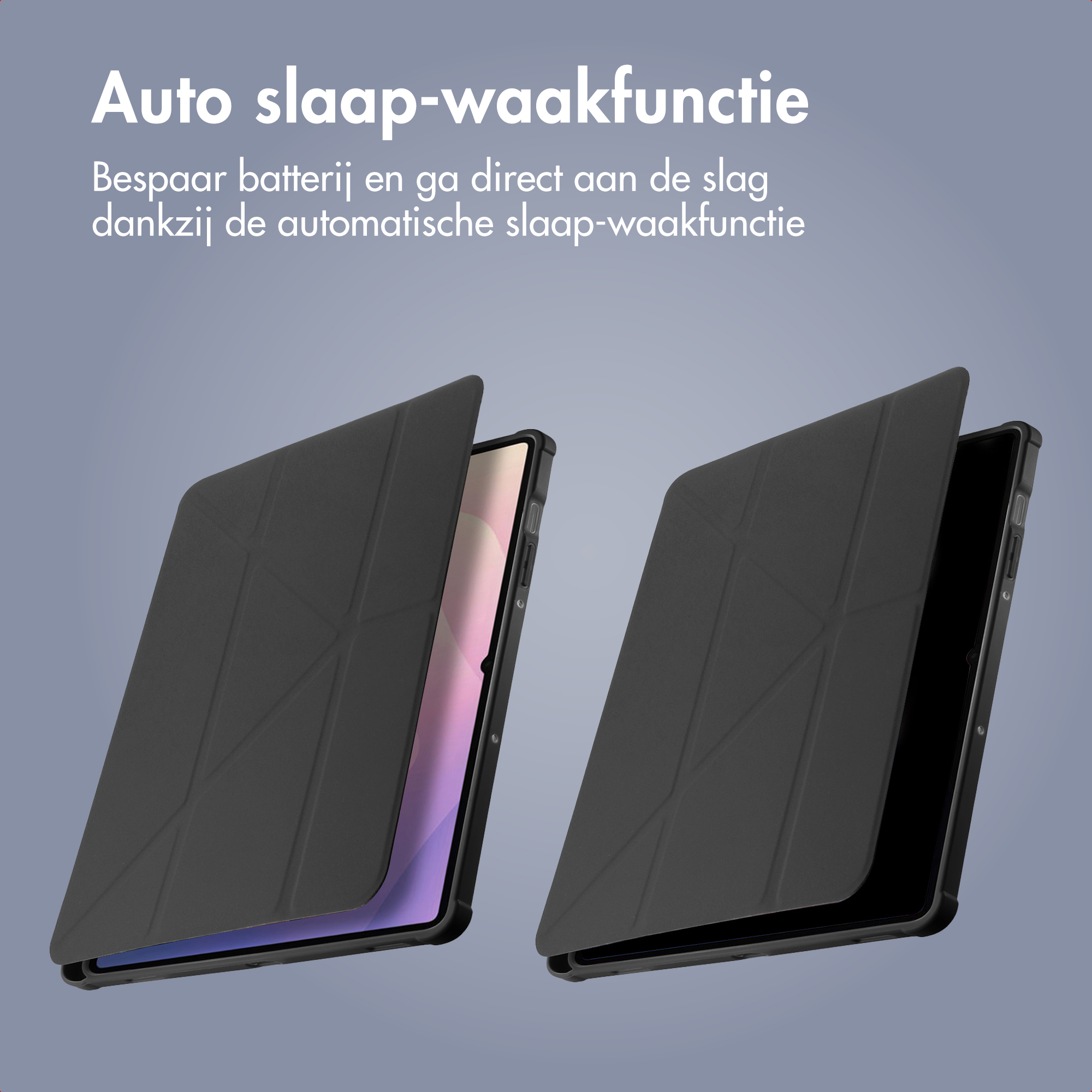 Two tablets with black covers are shown, one open revealing a colorful screen and the other closed.