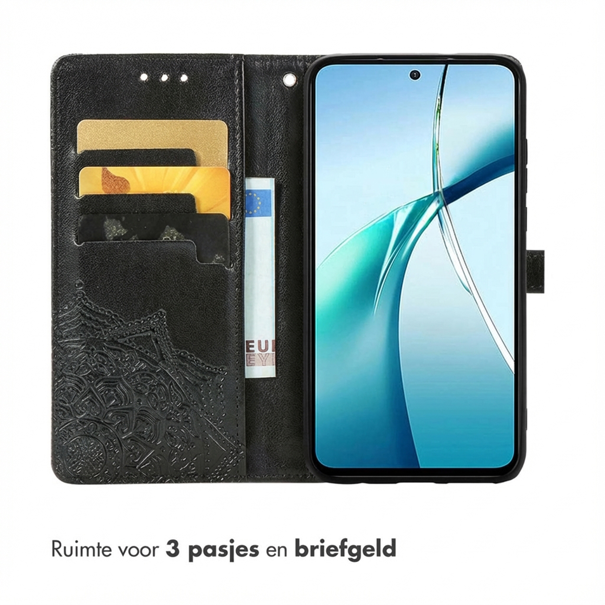 Étui de téléphone noir avec fentes pour cartes et compartiment à billets. Écran allumé.