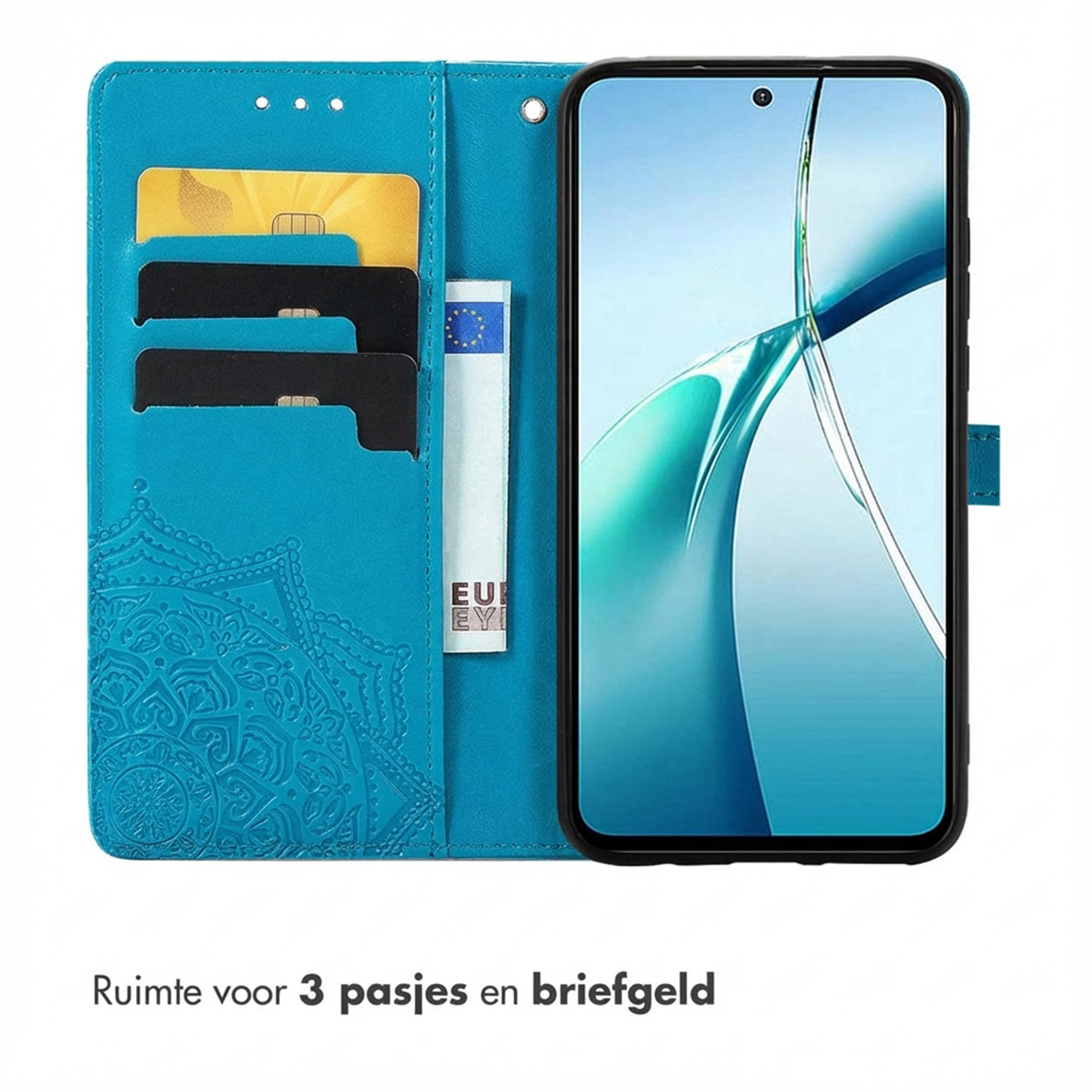 Een blauwe telefoonhoes met kaartsleuven en een telefoon.