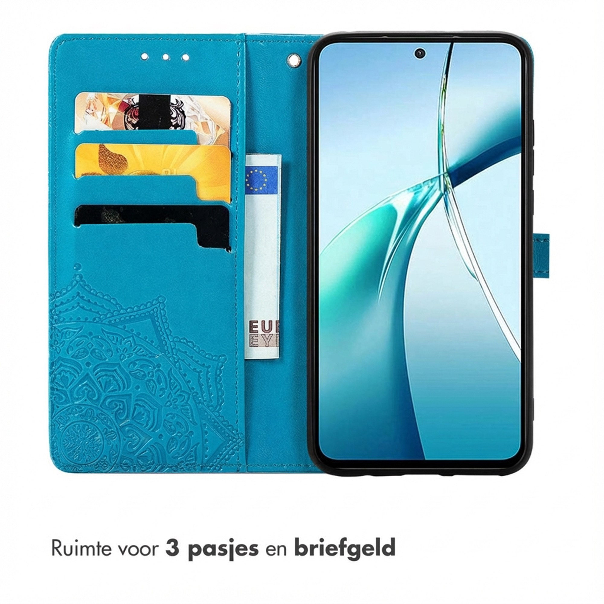Étui portefeuille bleu sarcelle avec emplacements pour cartes, relief mandala et compartiment.