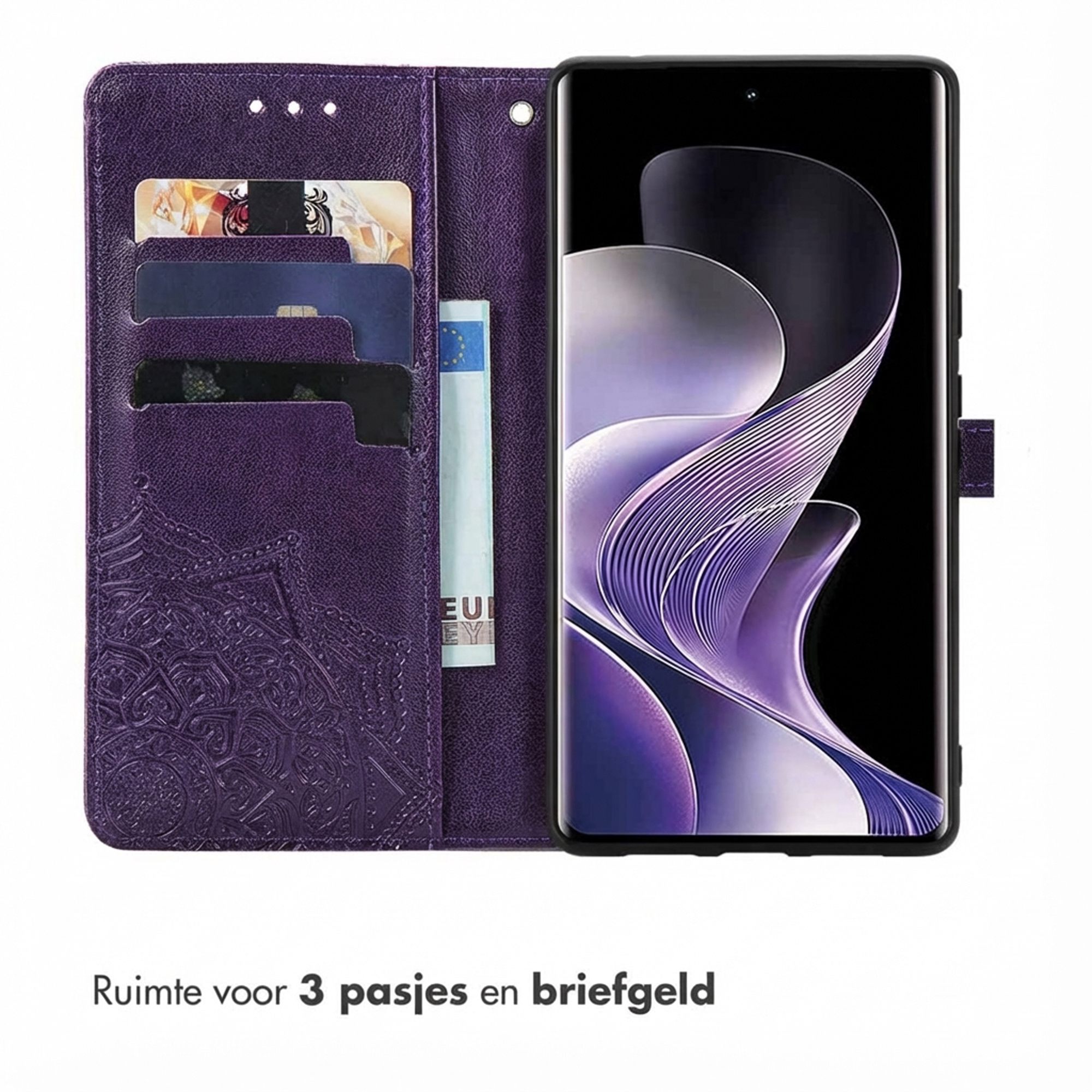 Étui de téléphone violet avec fentes pour cartes et billet, motif mandala.