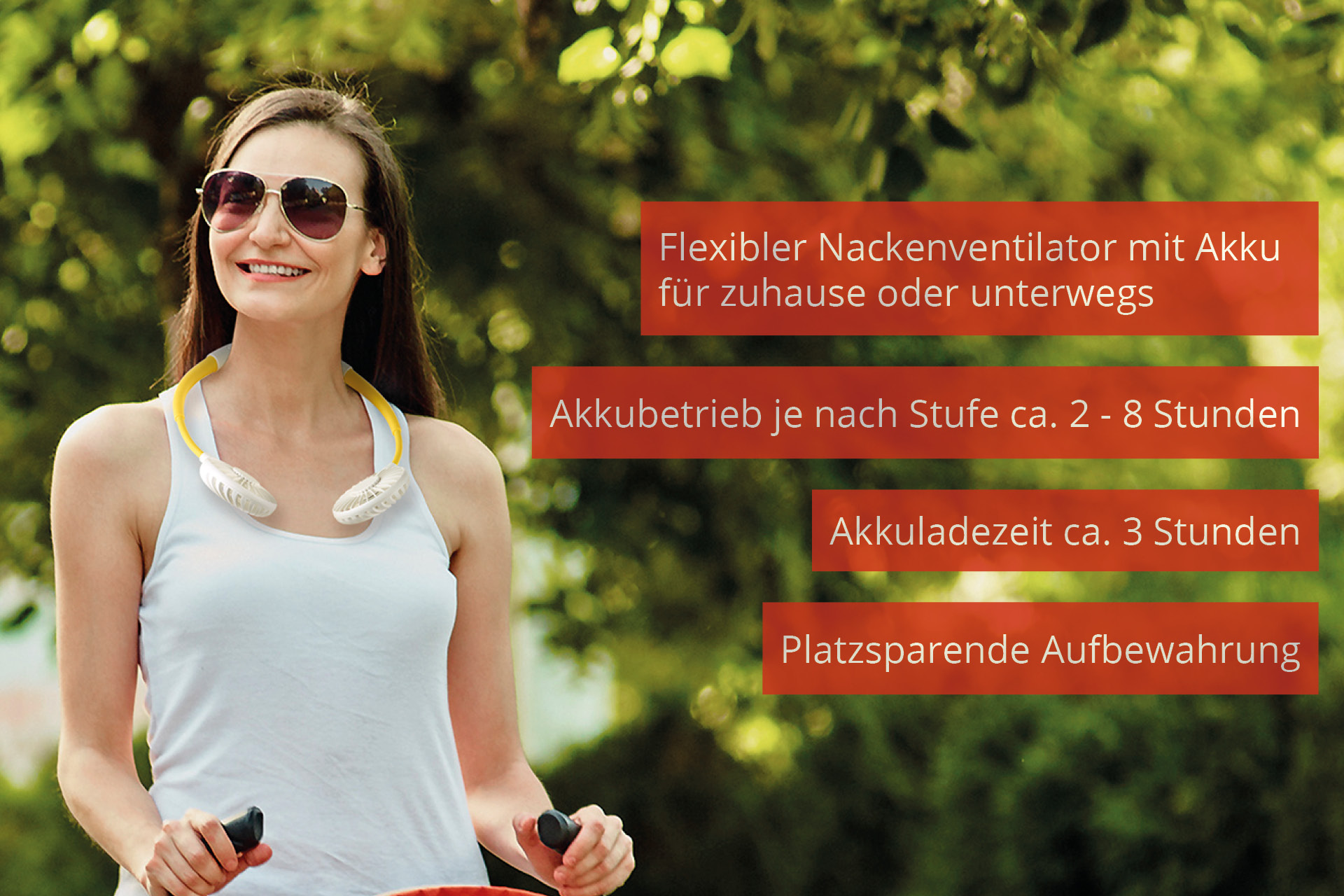 Frau mit Nackenventilator, Sommerkleidung, Sonnenbrille, im Freien.