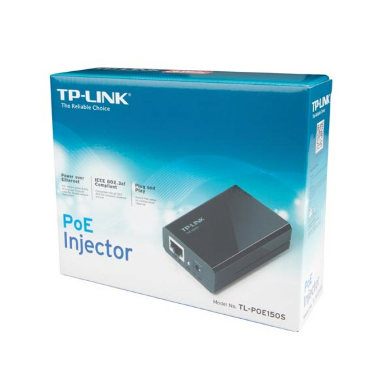 TP-Link PoE Injector box with device and specifications.