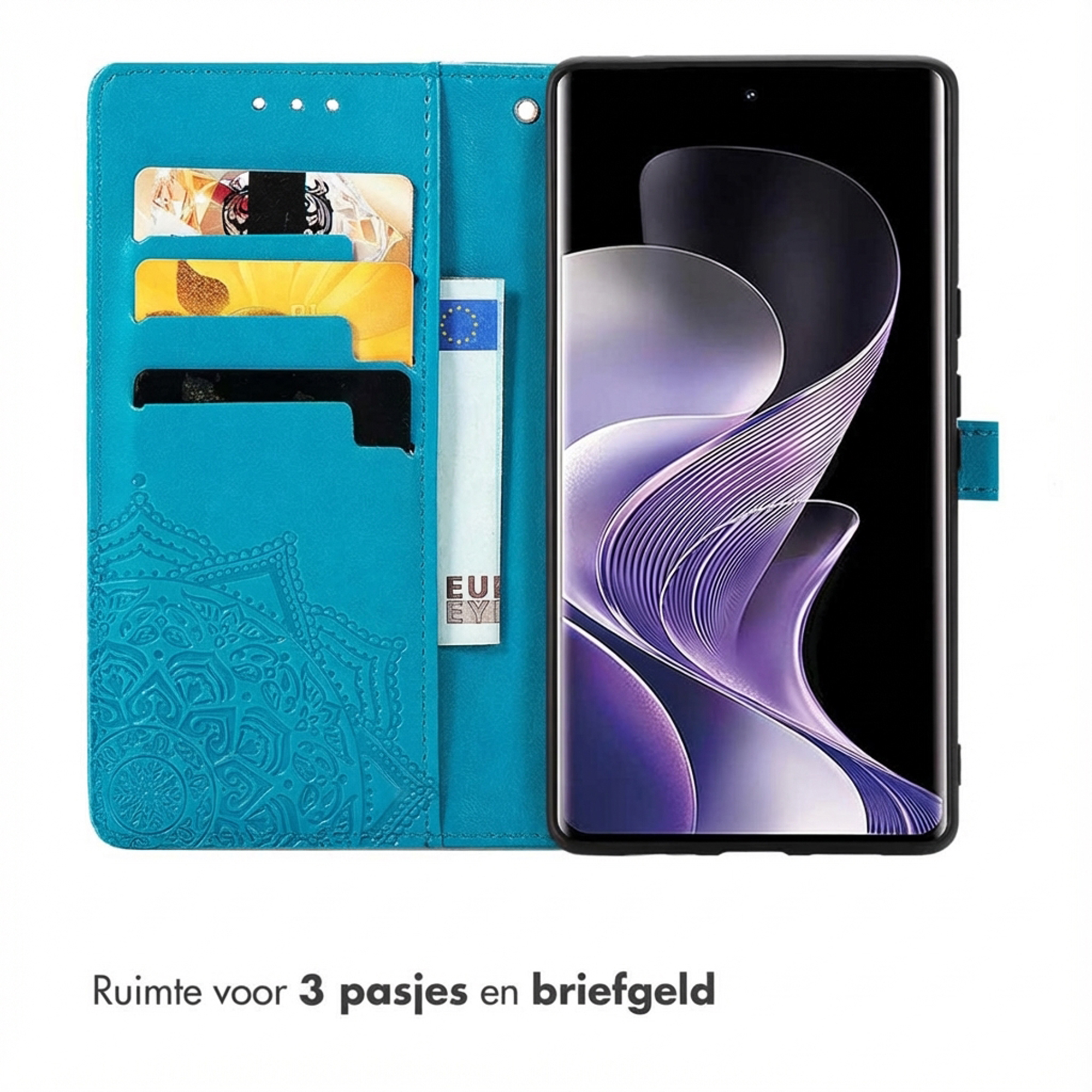 Un étui de téléphone turquoise avec des fentes pour cartes et un billet.