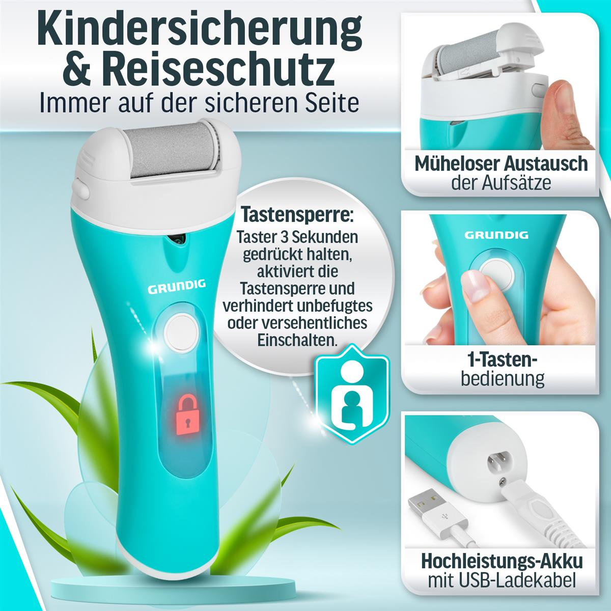 Türkiser elektrischer Hornhautentferner mit Kindersicherung und USB-Ladekabel.