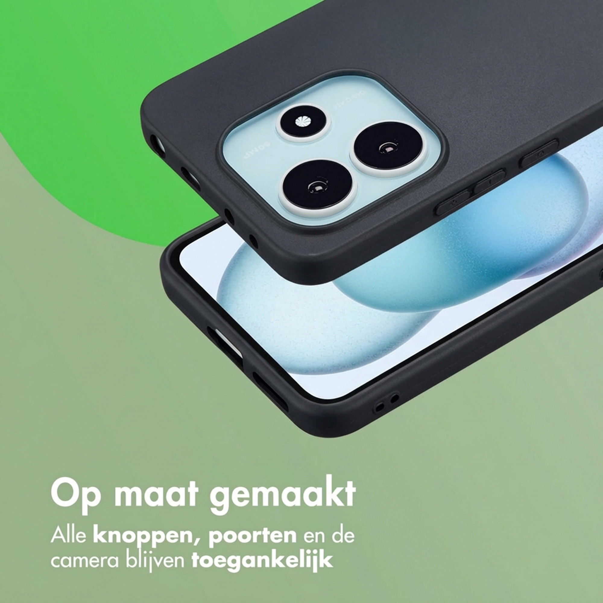 Coque de téléphone noire avec découpe caméra sur un téléphone fond vert.