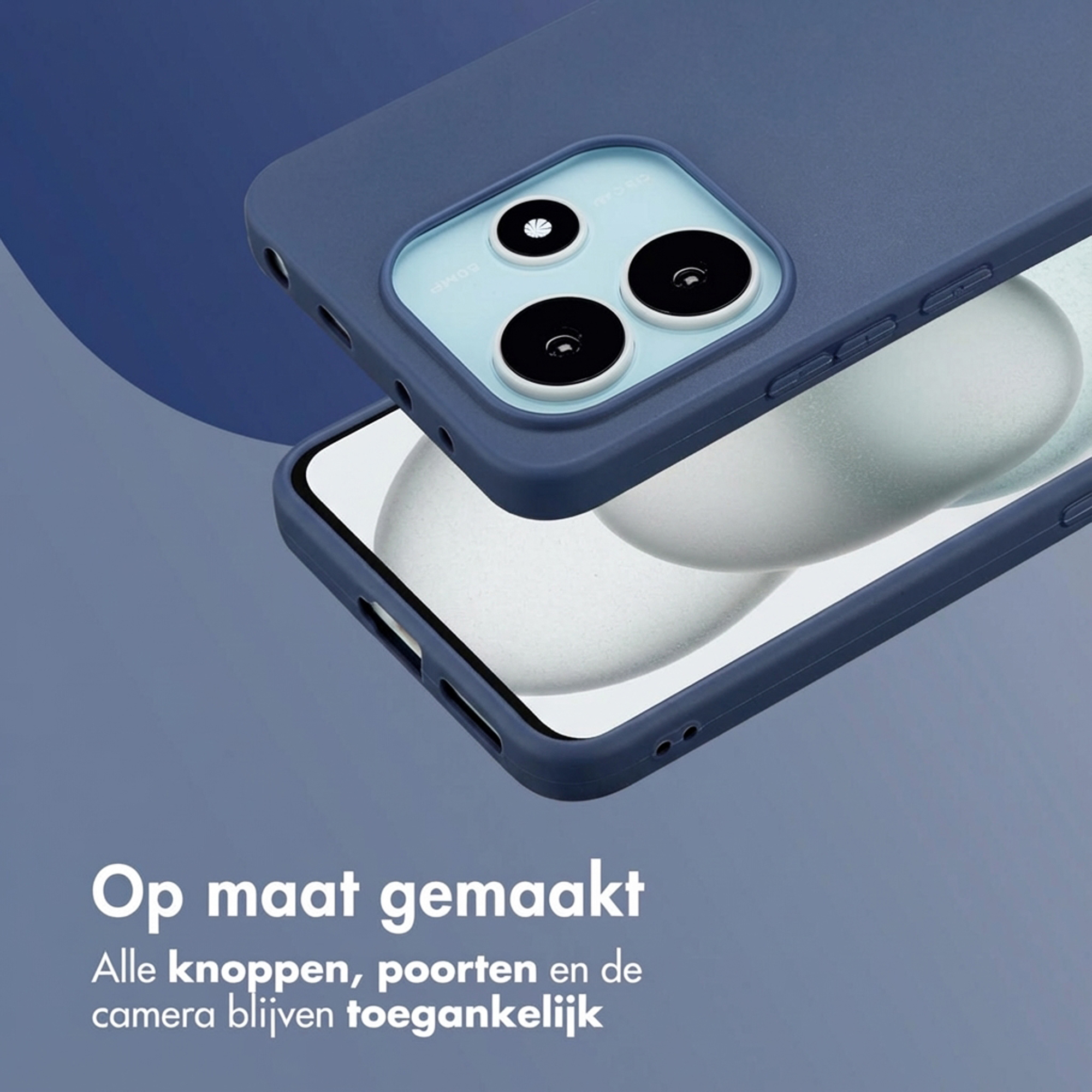 Une coque de téléphone bleu foncé avec découpes pour l'appareil photo et les boutons.