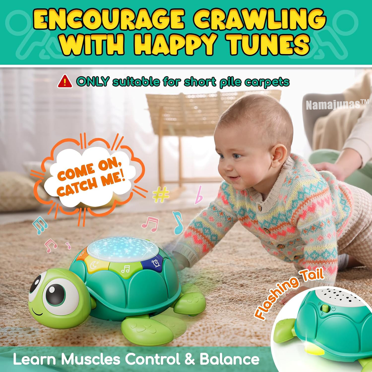 Ein Baby krabbelt auf eine Spielzeugschildkröte zu, die leuchtet und Musik spielt.