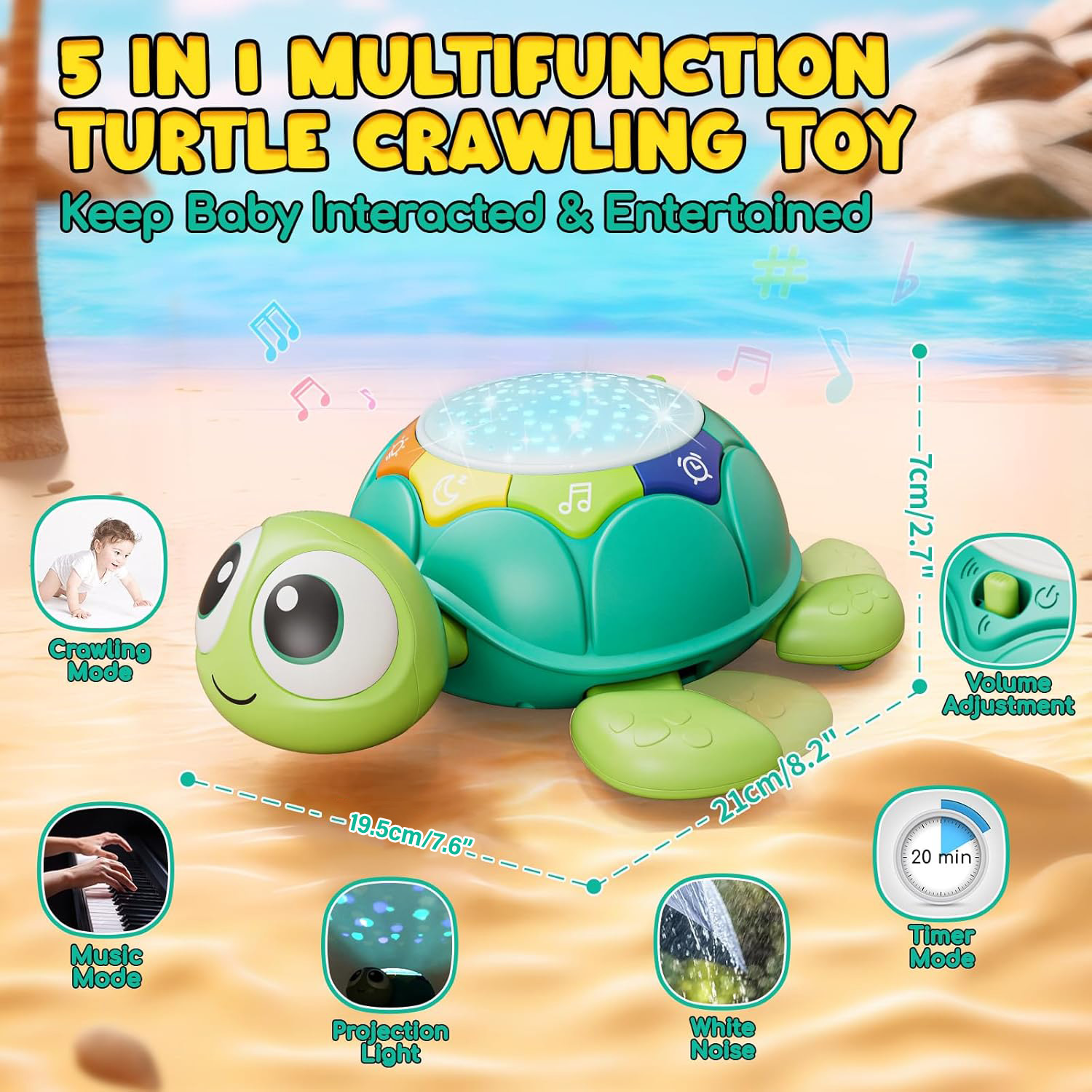 Ein grünes Schildkrötenspielzeug auf Sand mit dem Text „5 IN 1 MULTIFUNCTION TURTLE CRAWLING TOY“, das Funktionen wie Musik, Projektion und weißes Rauschen zeigt.