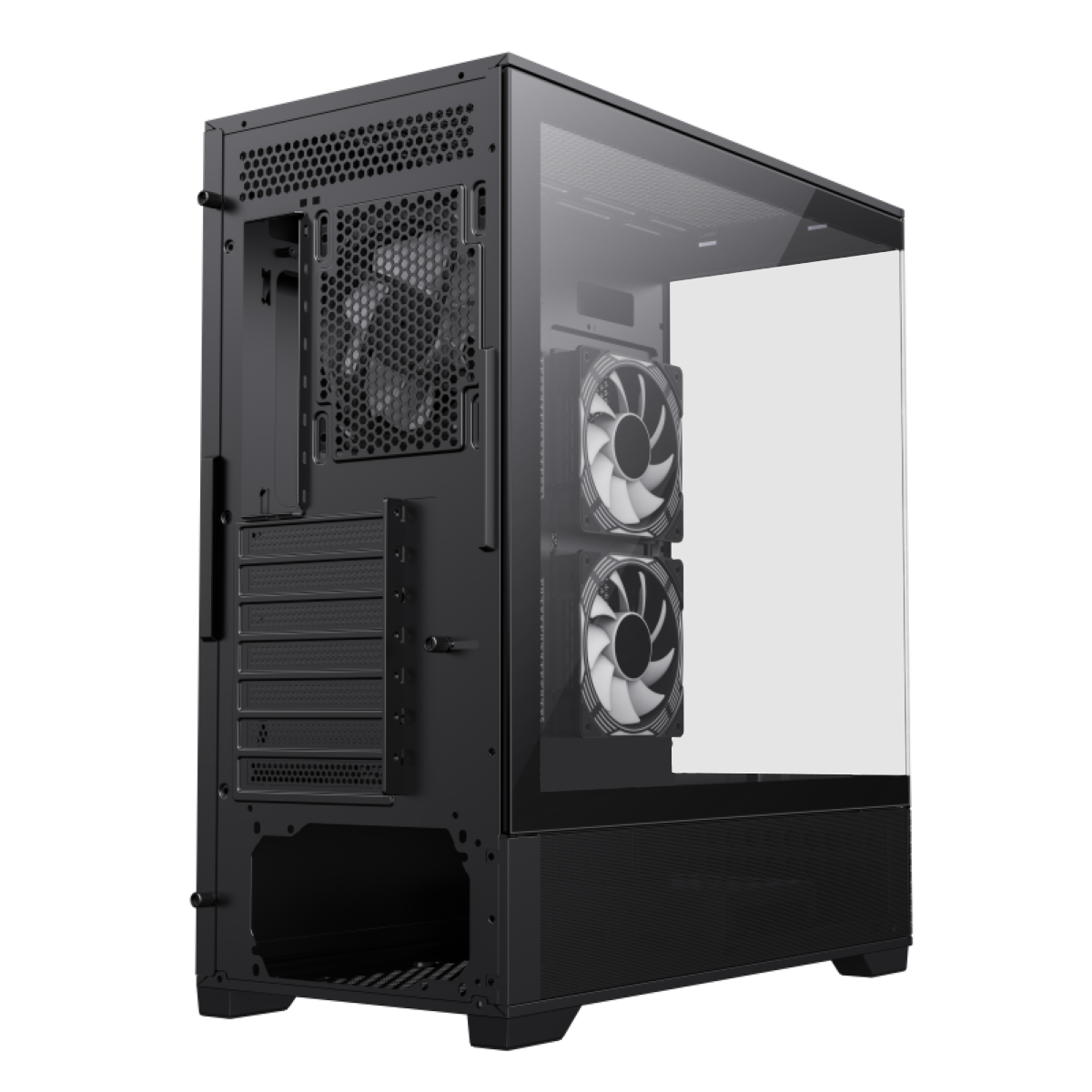 Ein schwarzes Computergehäuse mit Glasfenster und zwei Lüftern.