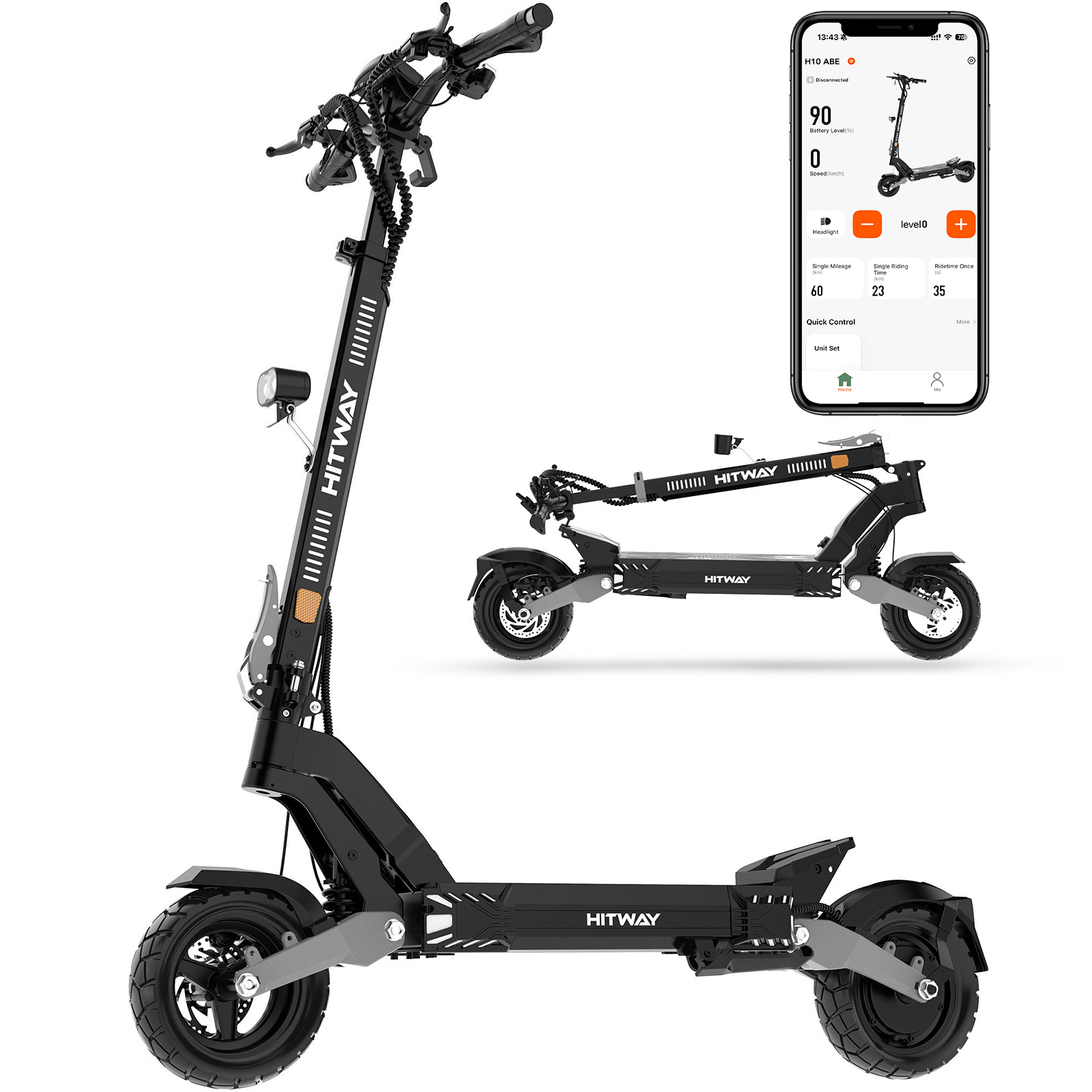 A black electric scooter with a smartphone app display and a folded scooter.