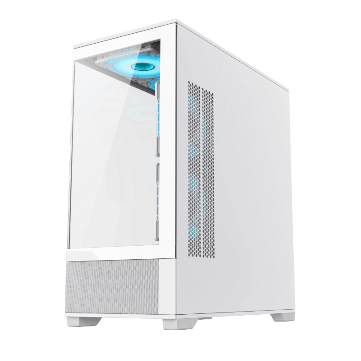 Ein weißer Computergehäuse mit Glasfront und blauen Lüftern.