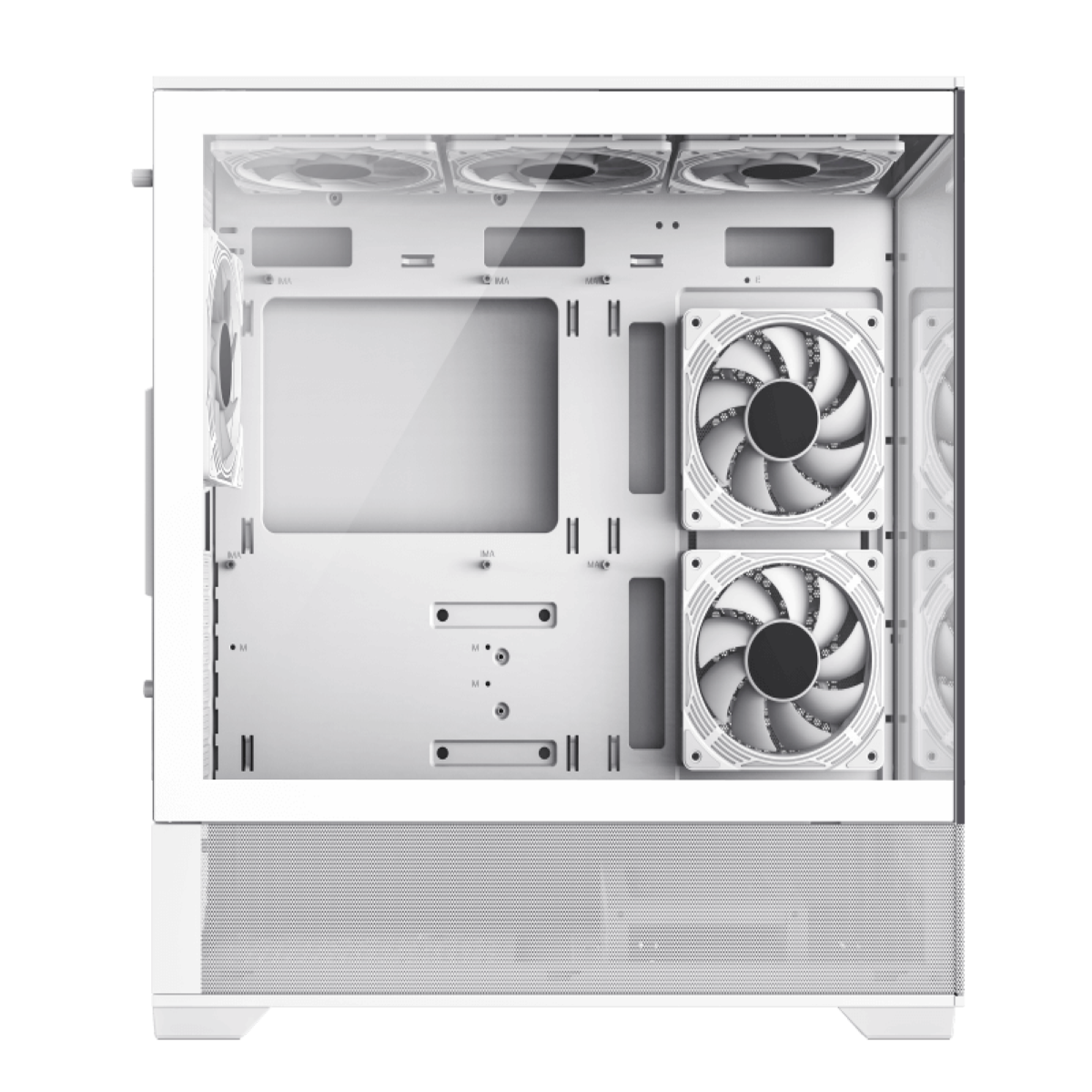 Weißes Computergehäuse mit Lüftern und Sichtfenster.