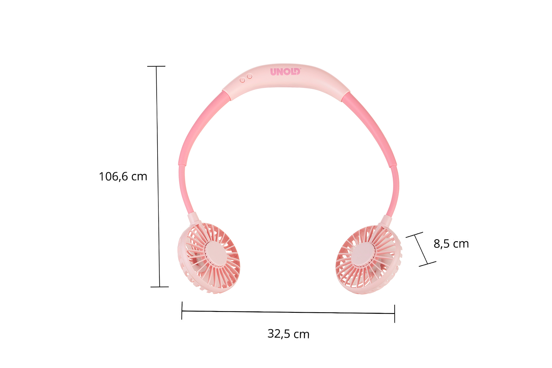 Ein rosa Nackenfächer mit zwei Lüftern und Maßangaben.
