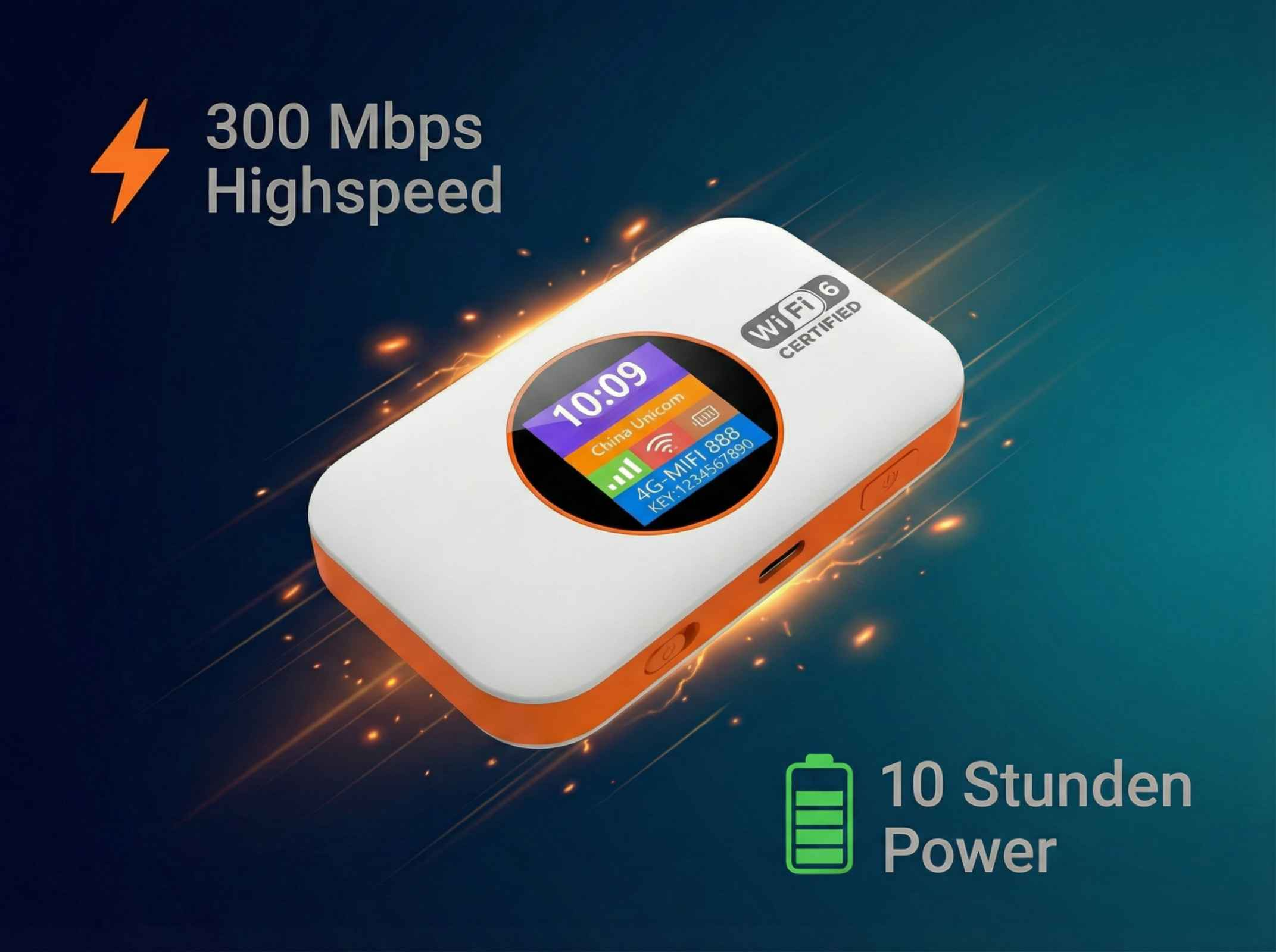 Weißer 4G-Mifi mit orangefarbenem Rand, Wi-Fi 6, 300 Mbps, 10h Akku.
