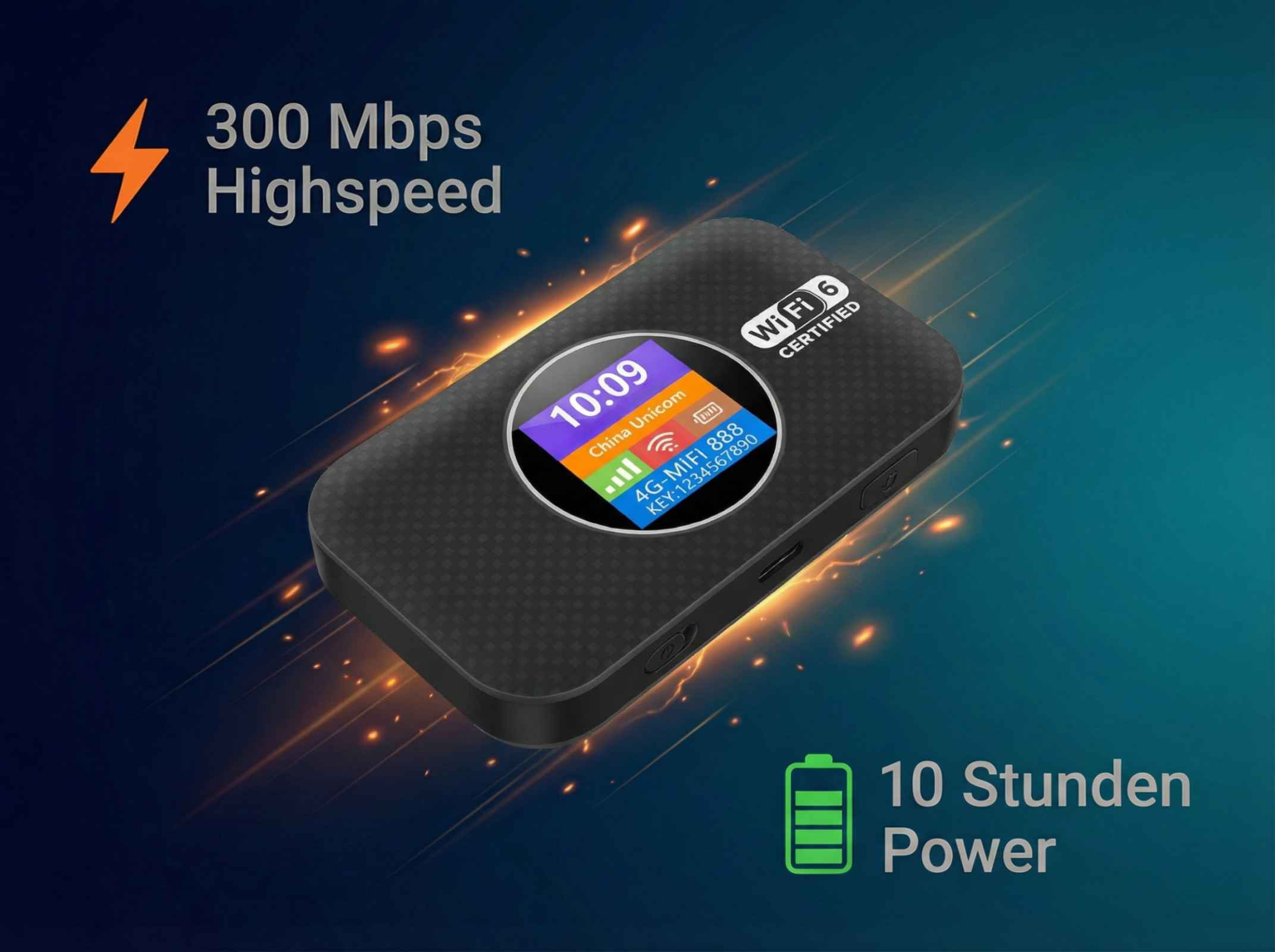 Schwarzer 4G-MIFI mit WiFi 6 Zertifizierung, 300 Mbps und 10h Akkulaufzeit.