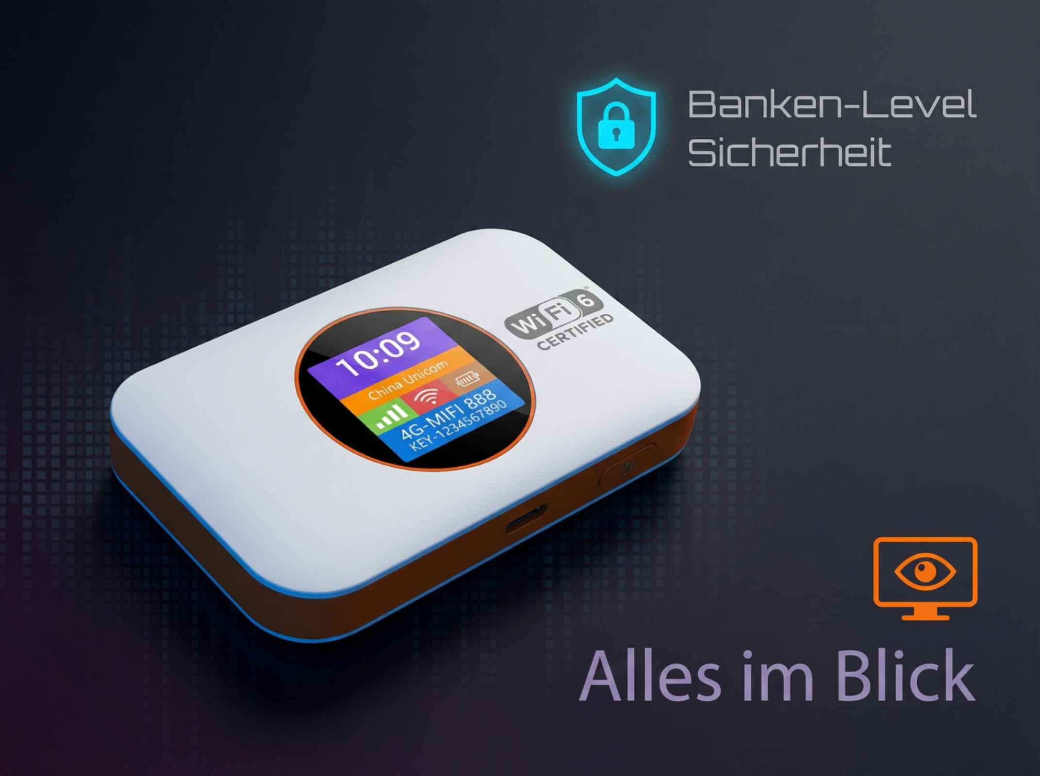 Ein weißer 4G-MIFI Router mit orangem Rand, zeigt 10:09 Uhr, China Unicom, WiFi 6.
