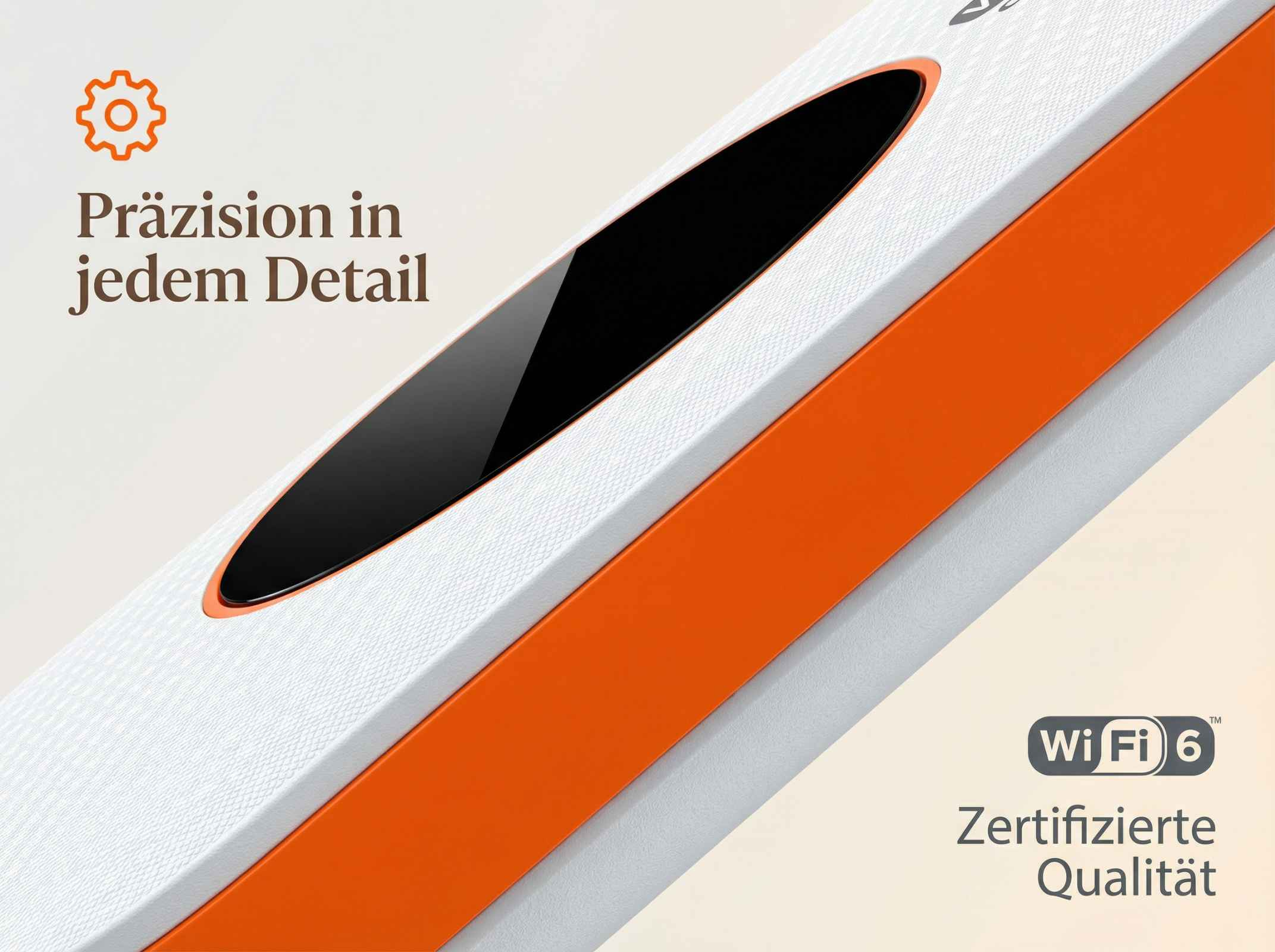 Nahaufnahme eines weißen, texturierten Geräts mit orangefarbenem Streifen und schwarzem Einsatz, mit deutschem Text und Wi-Fi 6 Logo.
