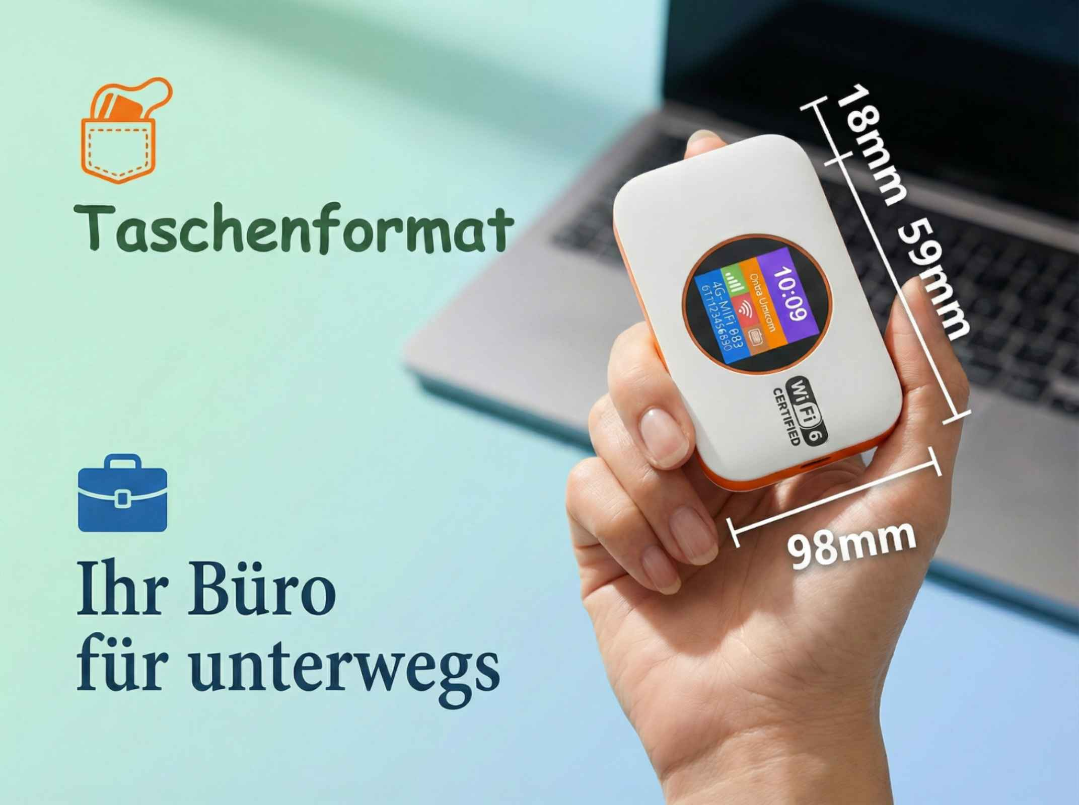 Hand hält einen weißen 4G-Mifi-Router mit orangefarbenem Rand, Maße angegeben.