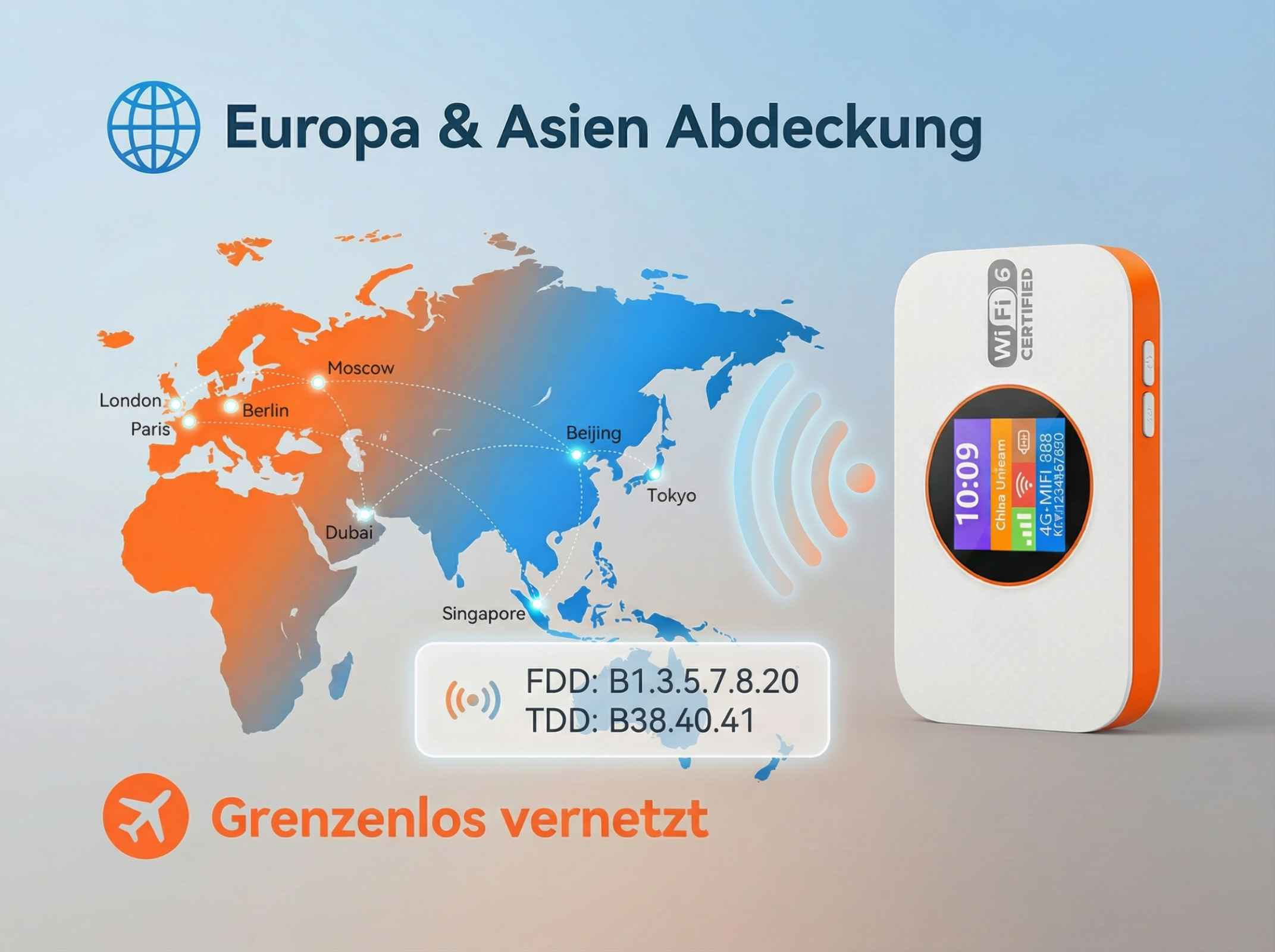 Karte mit Europa und Asien, zeigt Städte und einen mobilen WLAN-Hotspot.