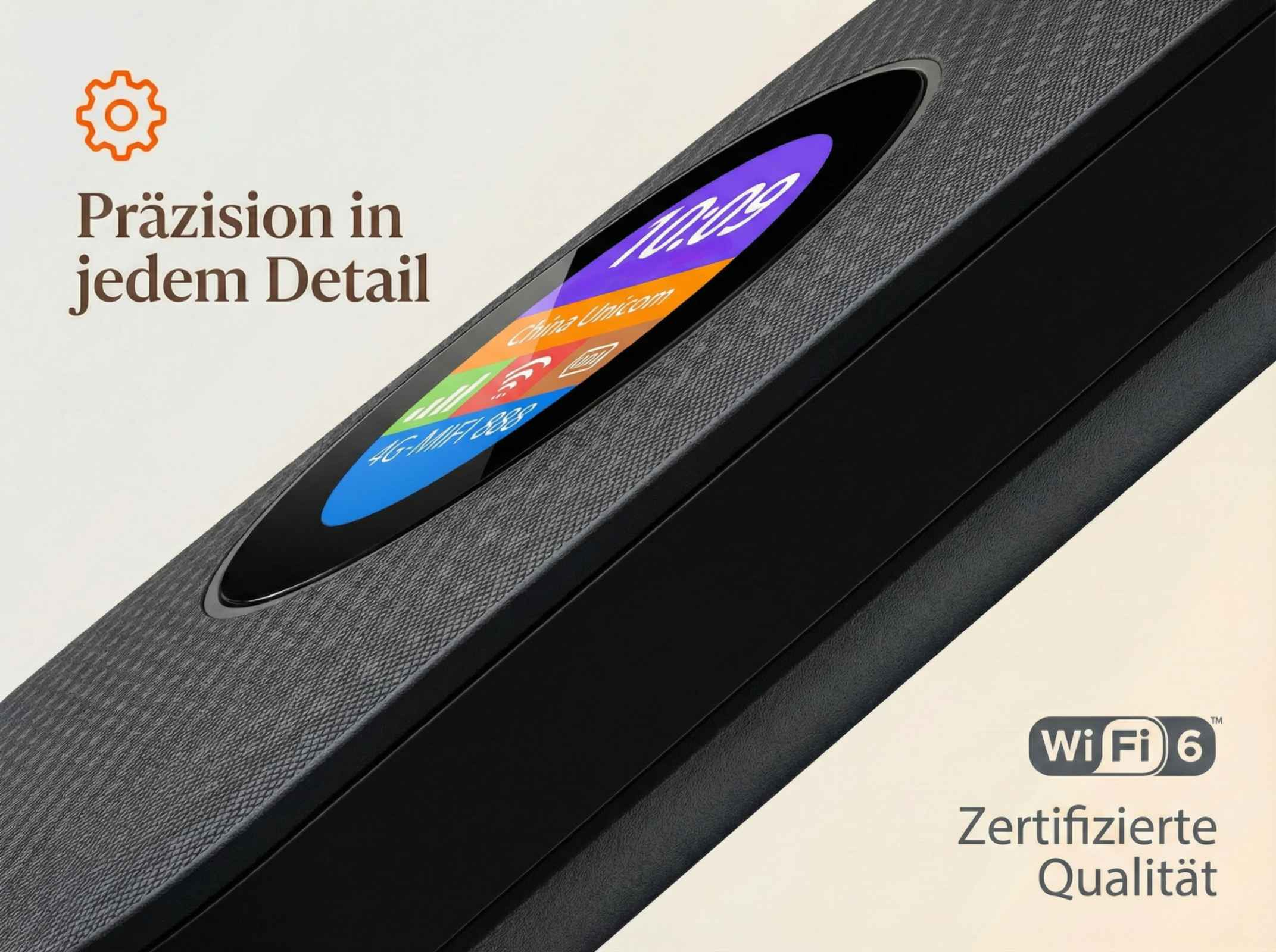 Ein schwarzes Gerät mit einem Bildschirm, der Netzwerkinformationen anzeigt, und einem Wi-Fi 6-Logo mit dem Text „Zertifizierte Qualität“.