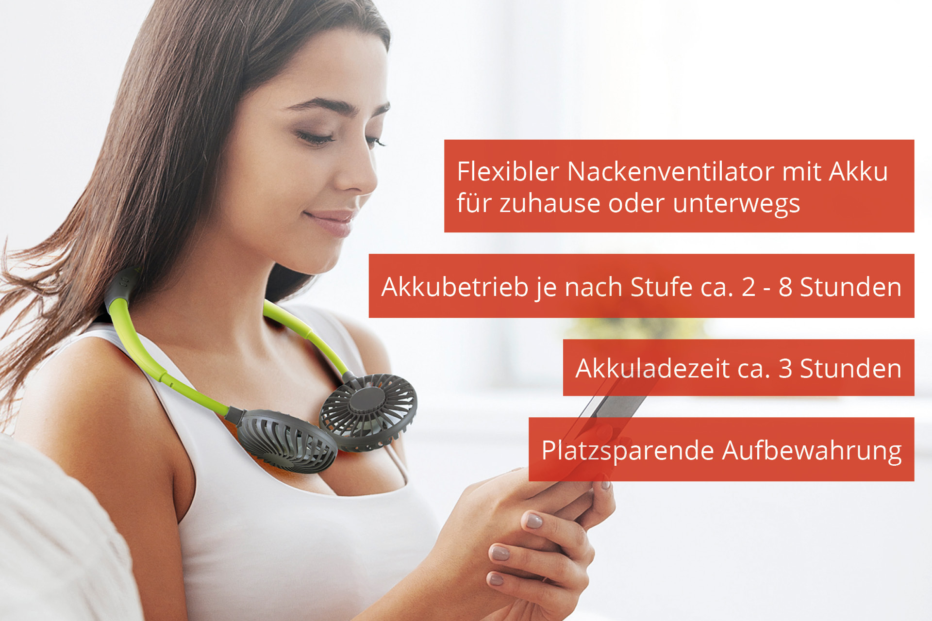 Frau mit Nackenventilator, Akkulaufzeit und Ladezeit.