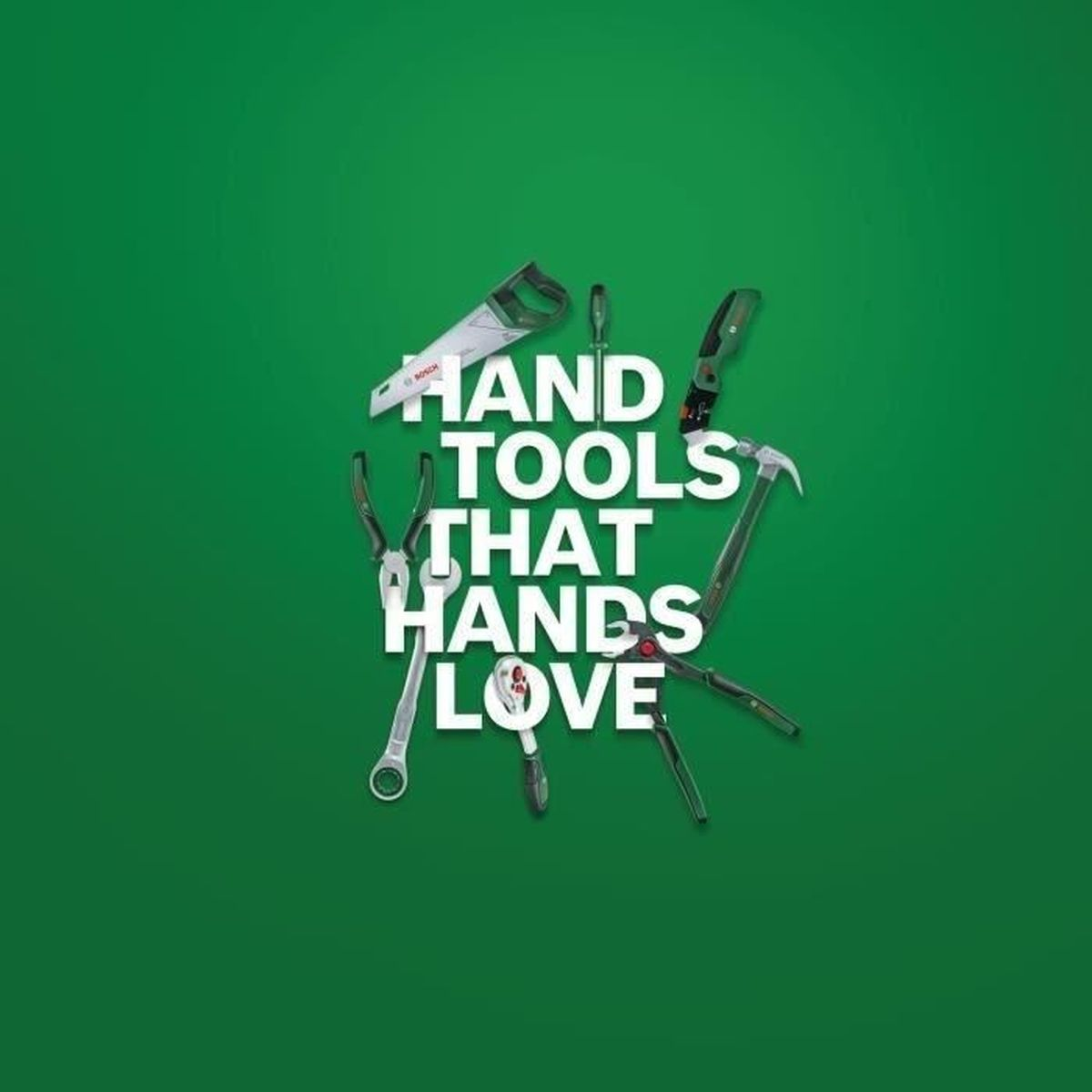 Werkzeuge mit dem Text "HAND TOOLS THAT HANDS LOVE" auf grünem Hintergrund.