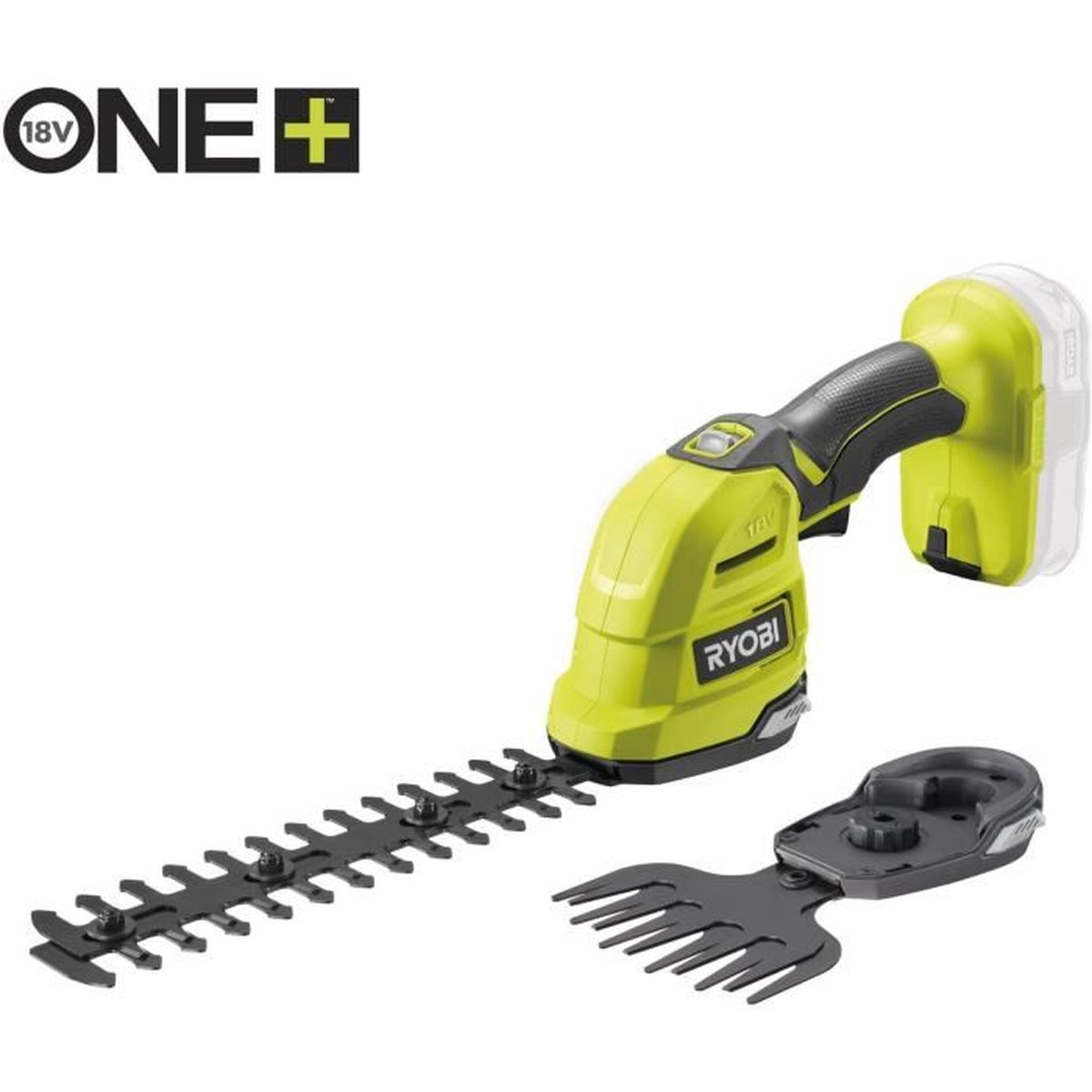 Ein Ryobi 18V ONE+ Heckenschneider in Hellgrün und Schwarz, mit einem langen gezackten Messer und einem kleineren Rechenaufsatz.