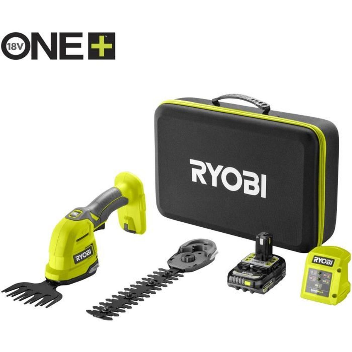 Ein Ryobi 18V ONE+ Heckenscheren-Set in Schwarz und Lindgrün, mit Koffer, Akku und Ladegerät auf weißem Hintergrund.