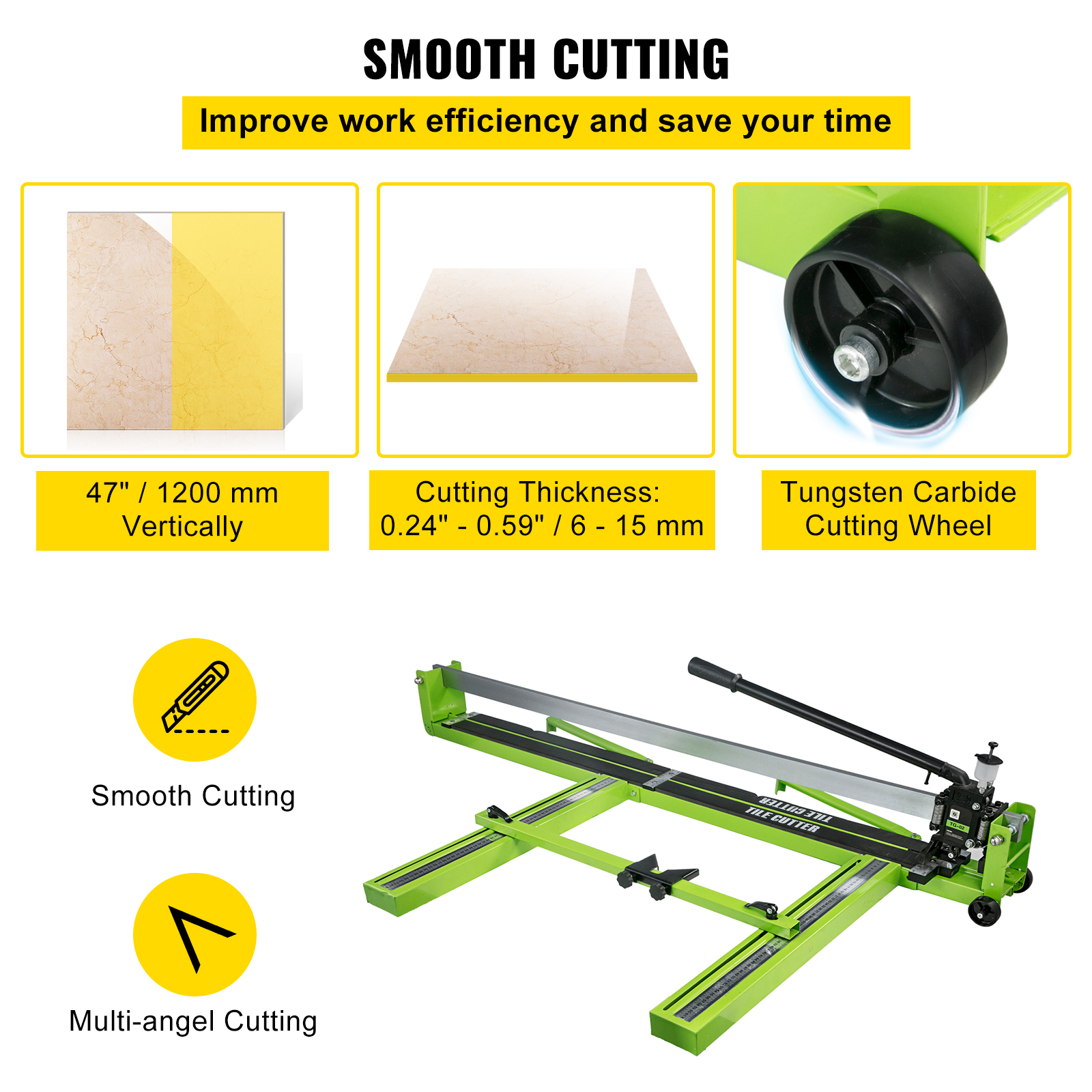 Un cortador de azulejos verde con mango negro, tres imágenes insertadas arriba muestran las capacidades de corte de azulejos y una rueda de corte.