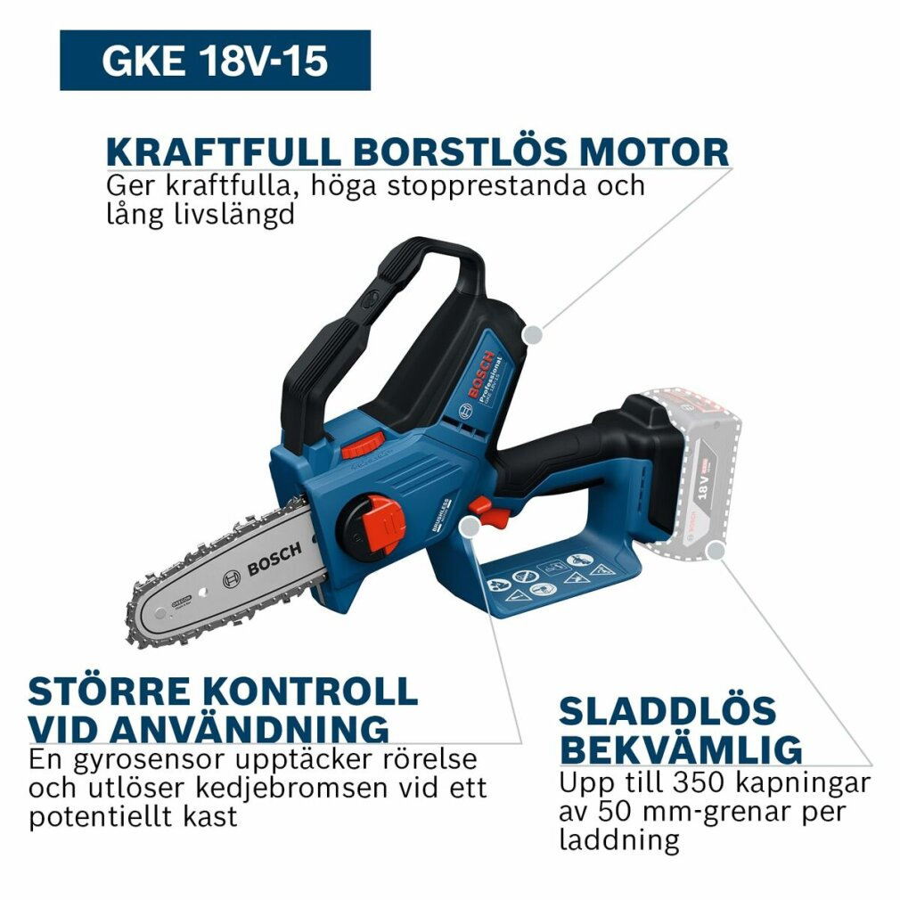 Blauer Bosch Akku-Kettensäge mit Kette und Griffen, 18V-15 Modell.