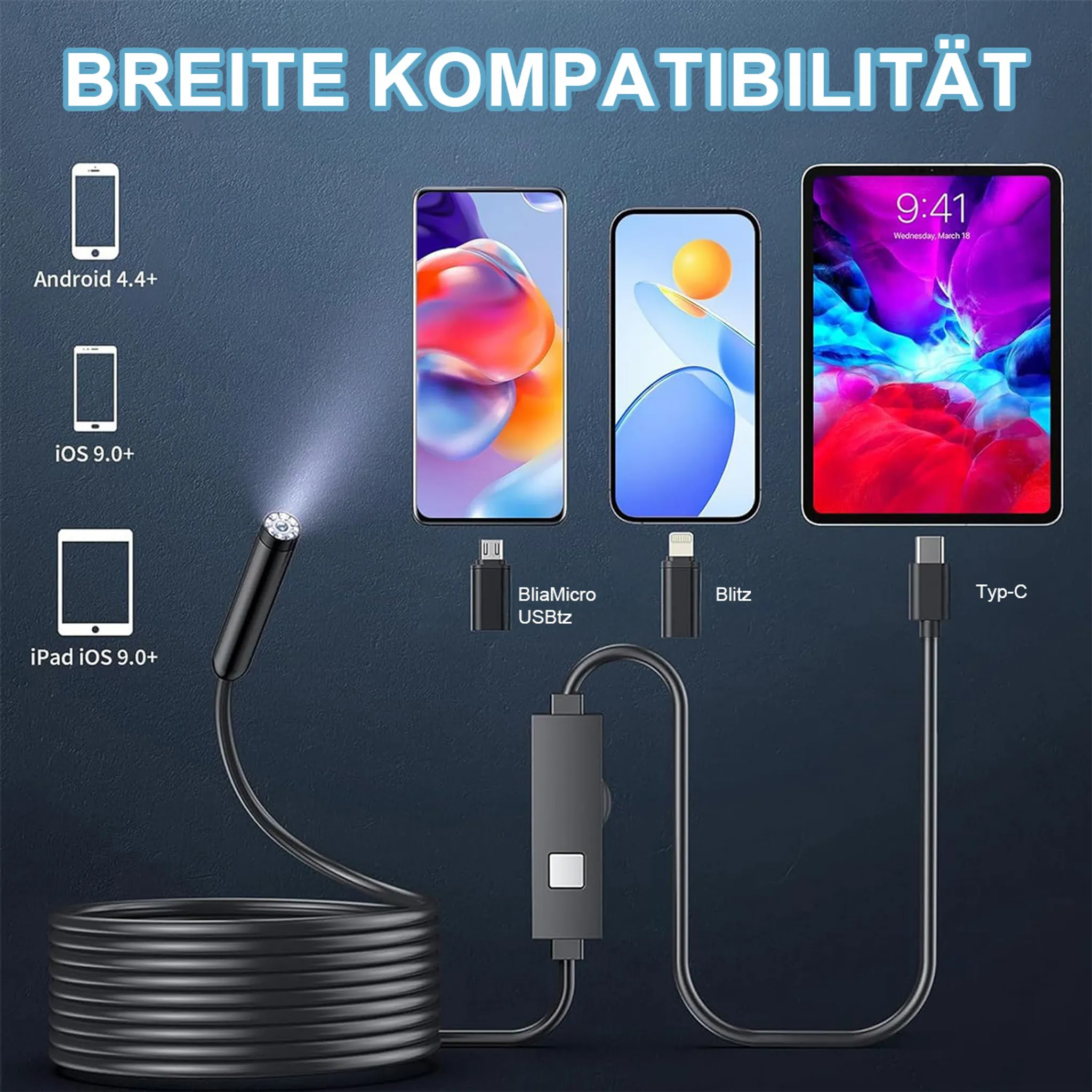 Endoskop mit verschiedenen Smartphone-Anschlüssen und Geräten.