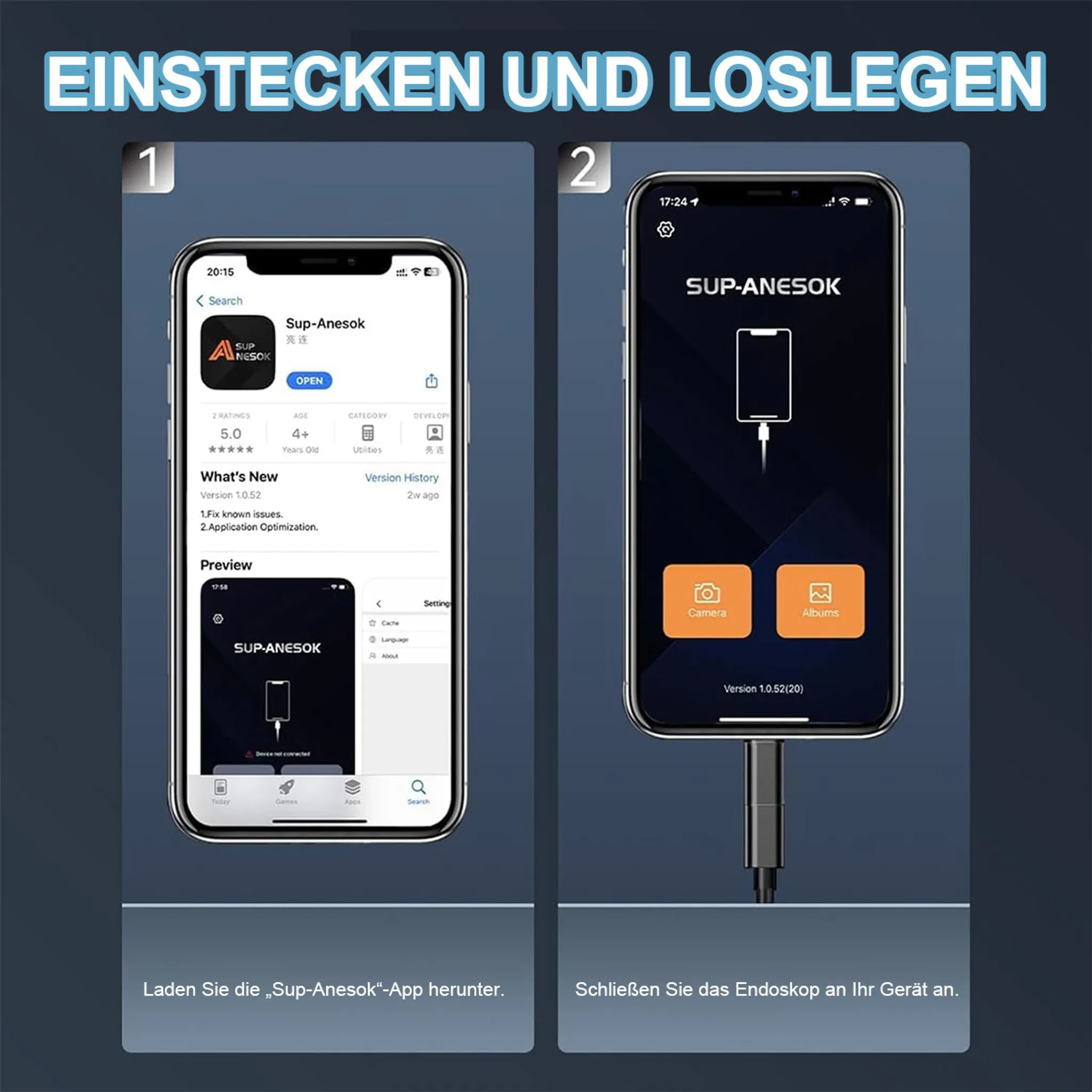 Zwei Telefonbildschirme zeigen App-Download- und Verbindungsschritte für ein Endoskop. Links: App Store. Rechts: Verbindungsbildschirm.