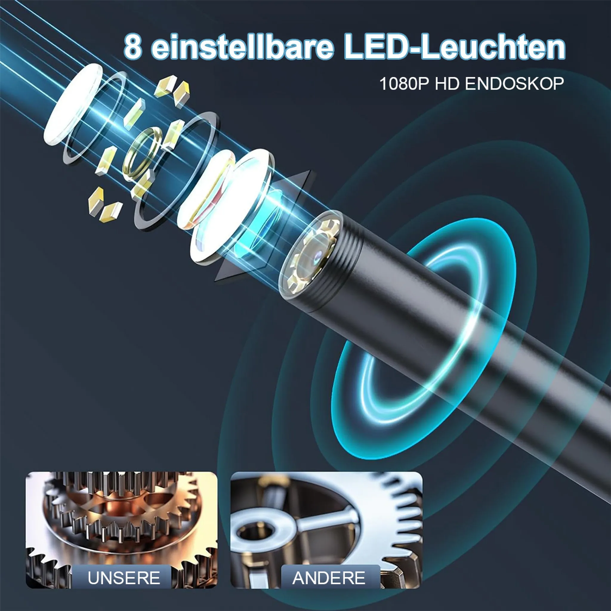 1080p HD Endoskop mit 8 einstellbaren LED-Leuchten und Zahnrädern.