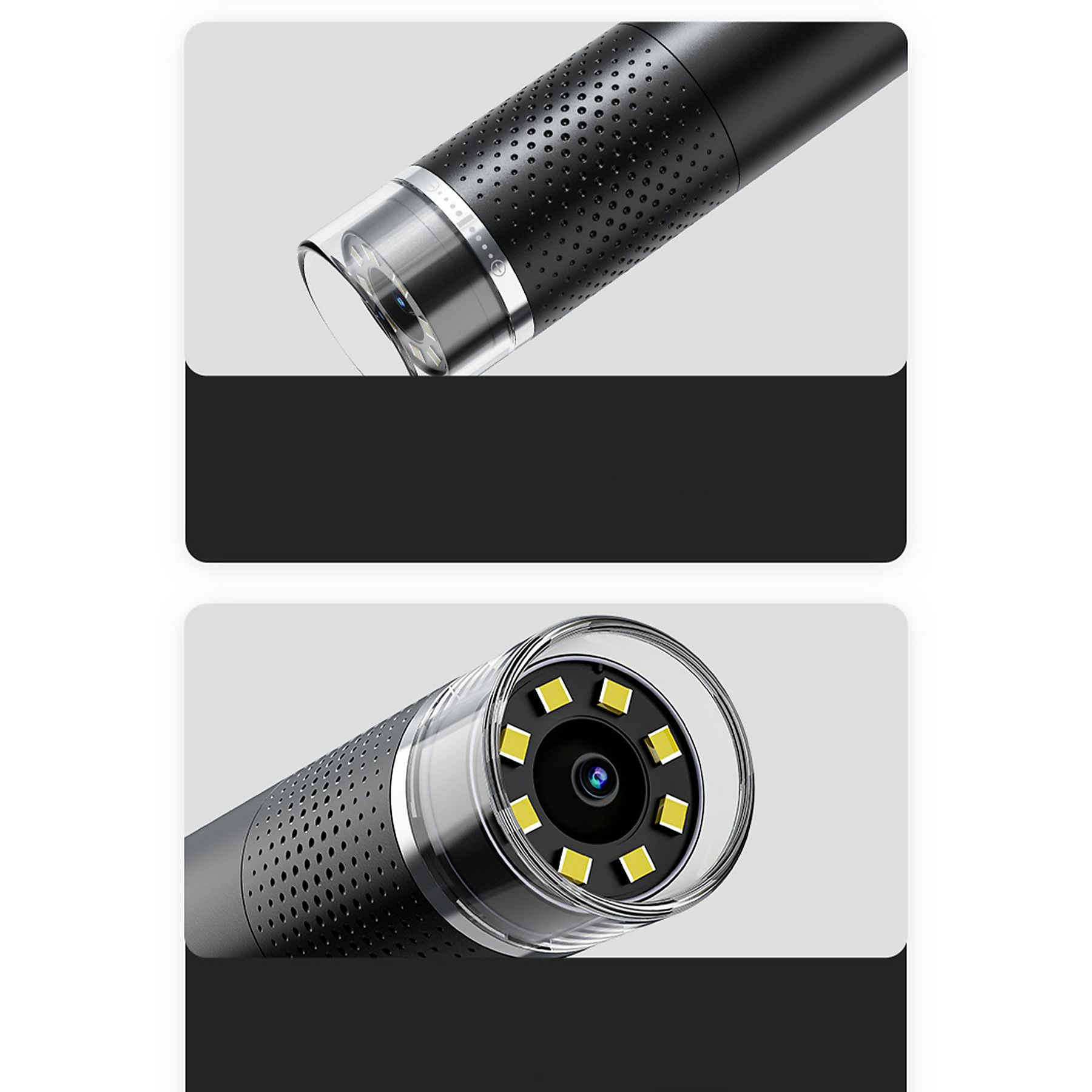 Nahaufnahme einer schwarzen Endoskopkamera mit LED-Lichtern und Linse.
