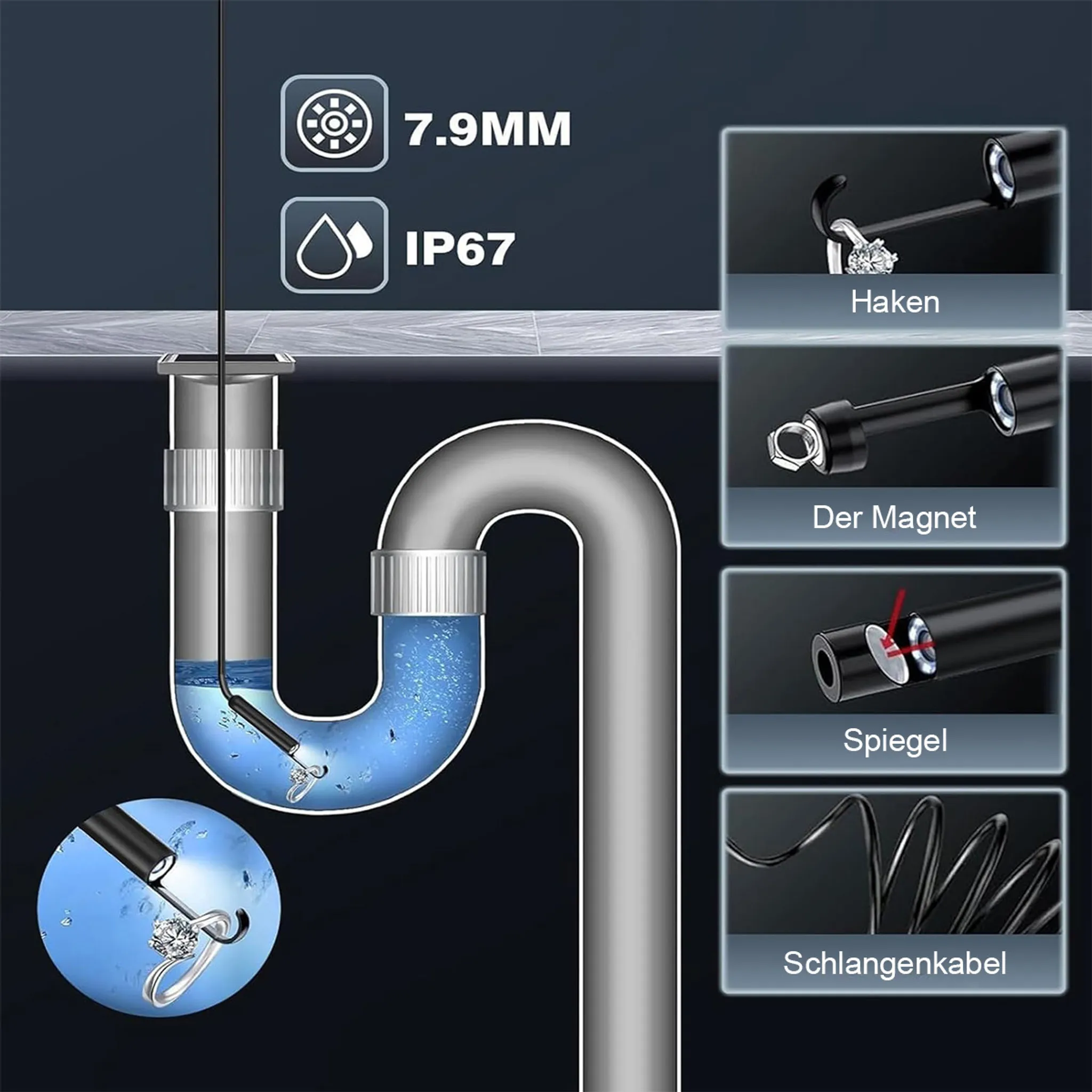 Eine Endoskopkamera holt einen Ring aus einem Siphonrohr, mit Details zu Haken-, Magnet-, Spiegel- und Kabelaufsätzen.