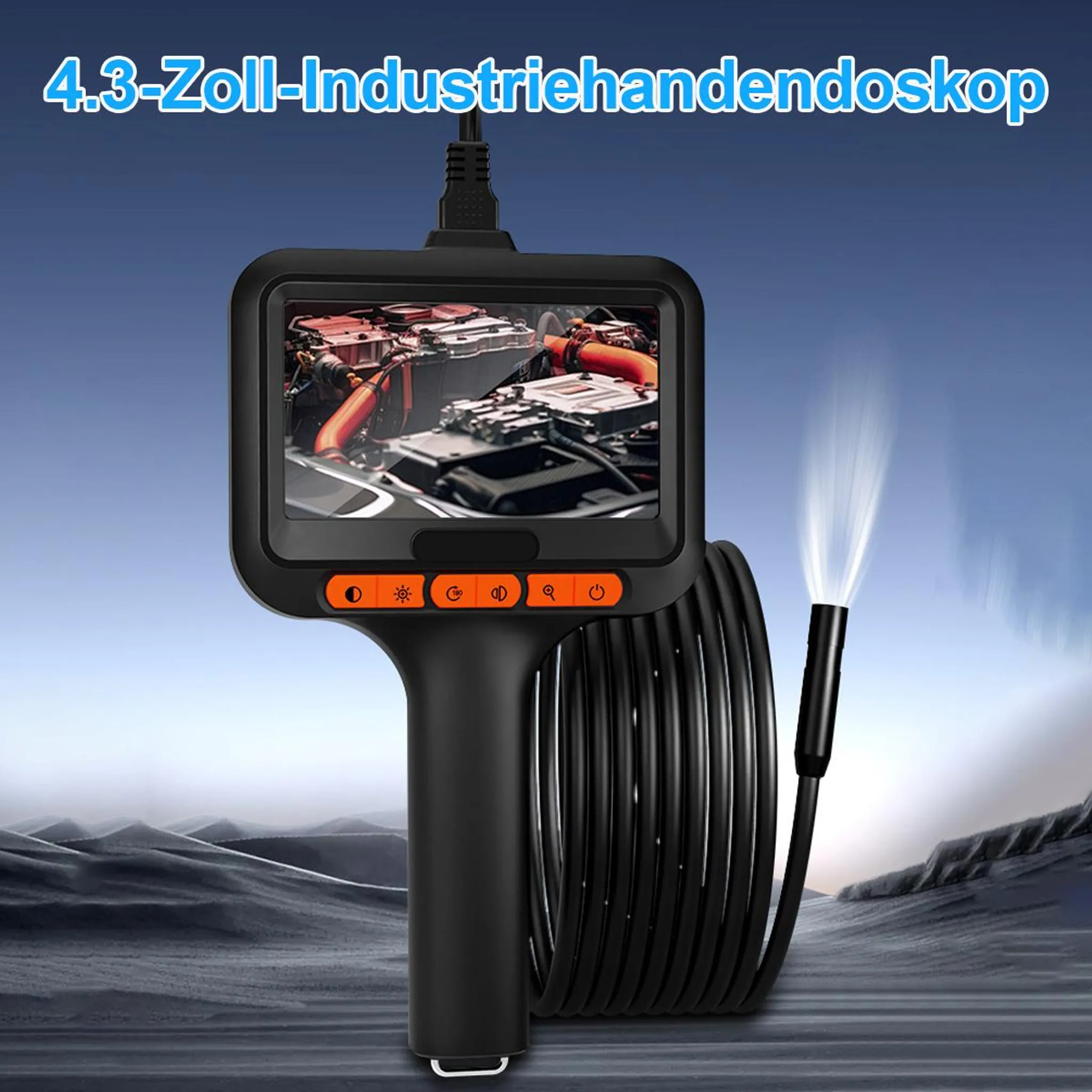 Ein digitales Endoskop mit 4,3-Zoll-Bildschirm zeigt einen Motor.