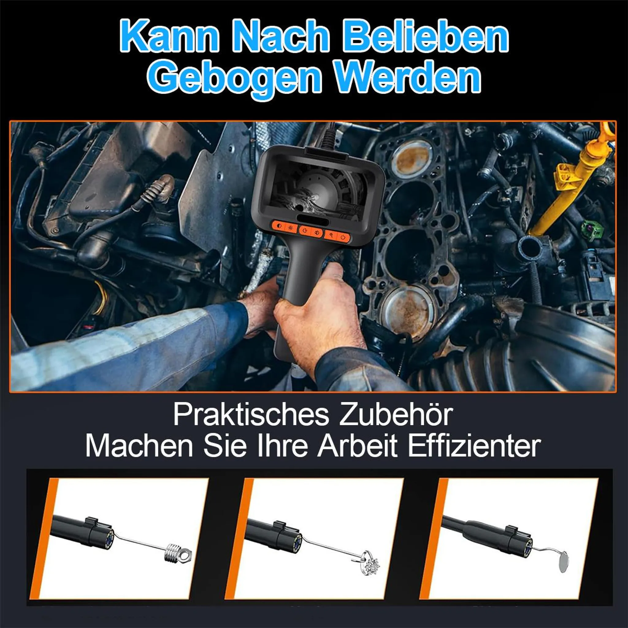 Mechaniker benutzt Endoskop am Motor. Unten: drei Werkzeugaufsätze.