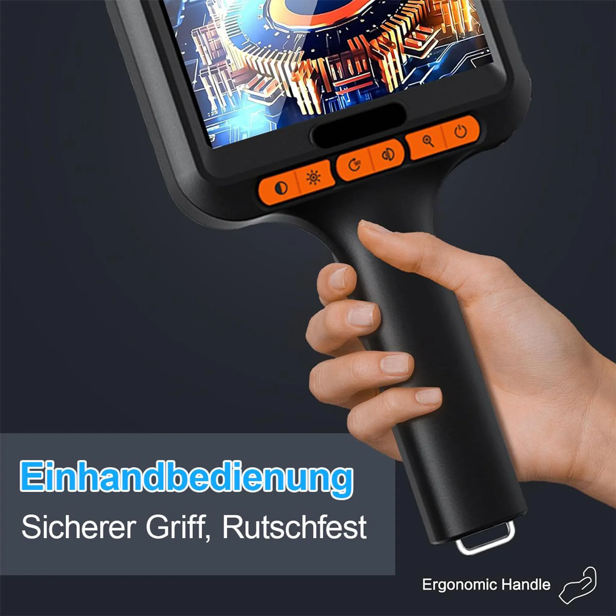 Hand hält schwarzes Gerät mit orangen Knöpfen und Bildschirm mit Grafik.