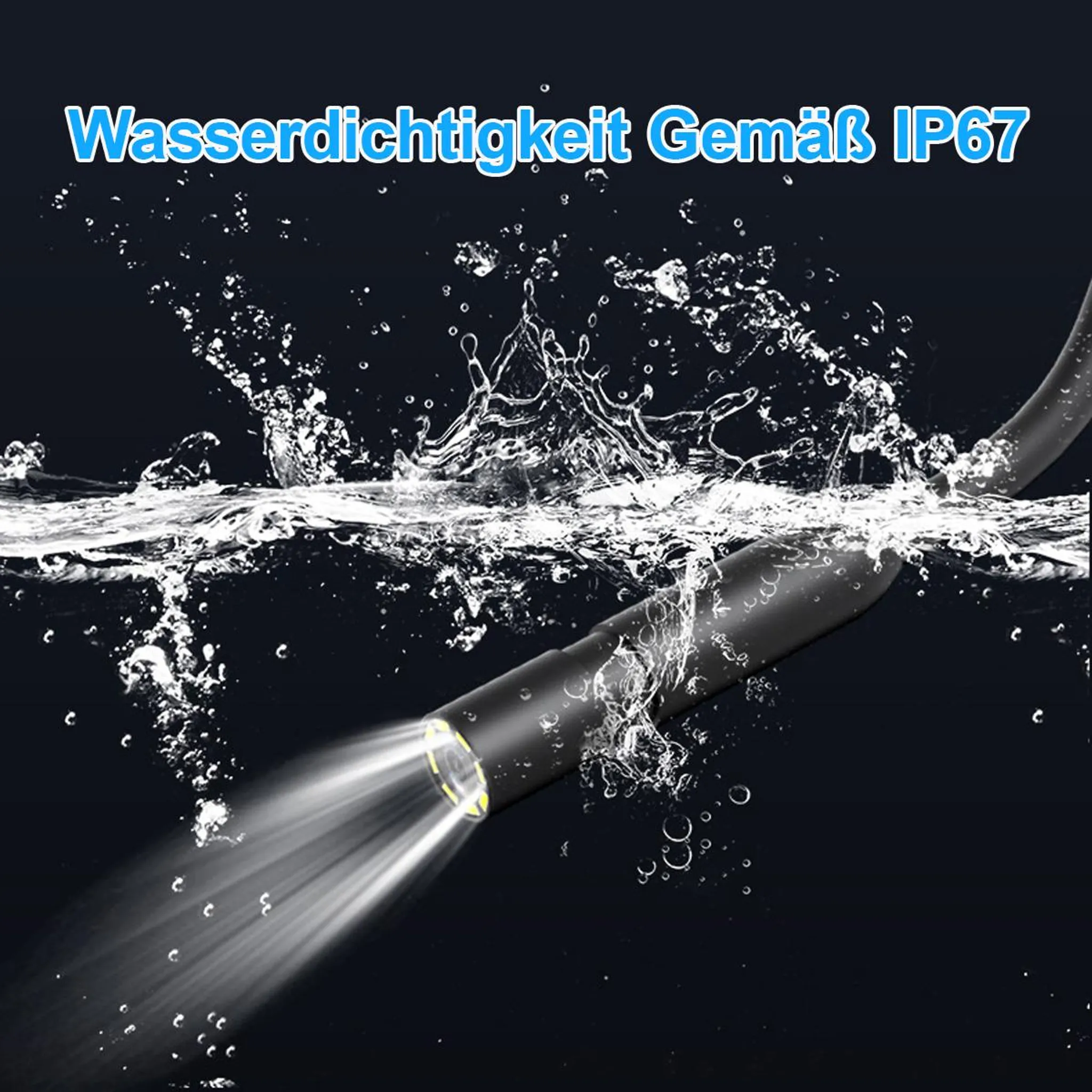 Ein schwarzer Endoskop-Kopf taucht in Wasser mit Spritzern und Blasen auf.