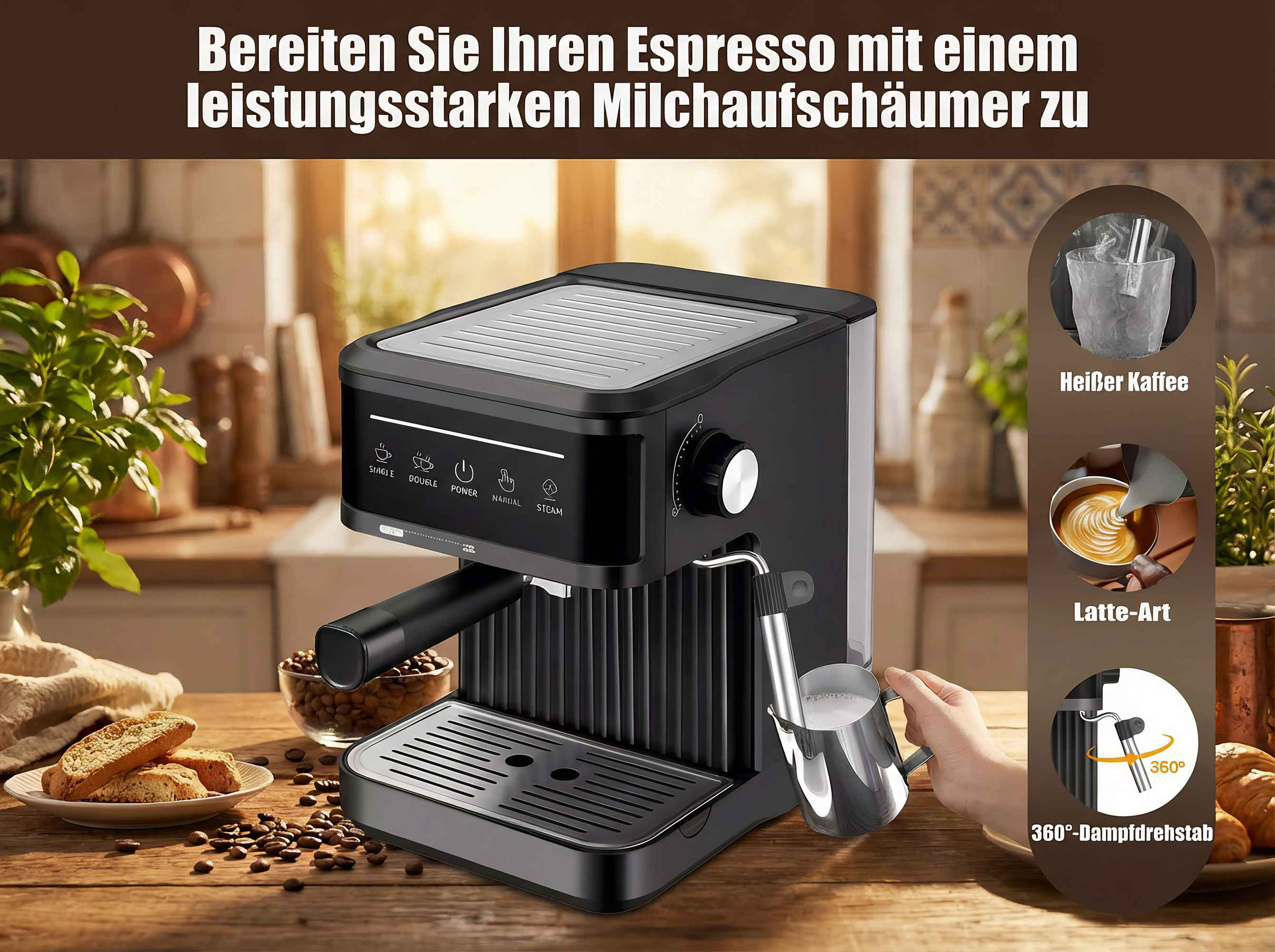 Schwarze Espressomaschine mit Milchkaraffe und Kaffeebohnen.