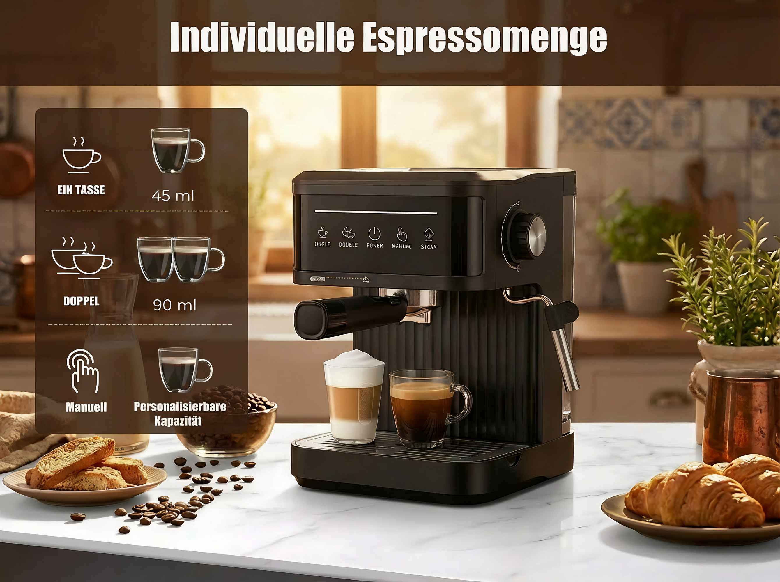 Eine Espressomaschine mit Tassen, Keksen und Croissants.