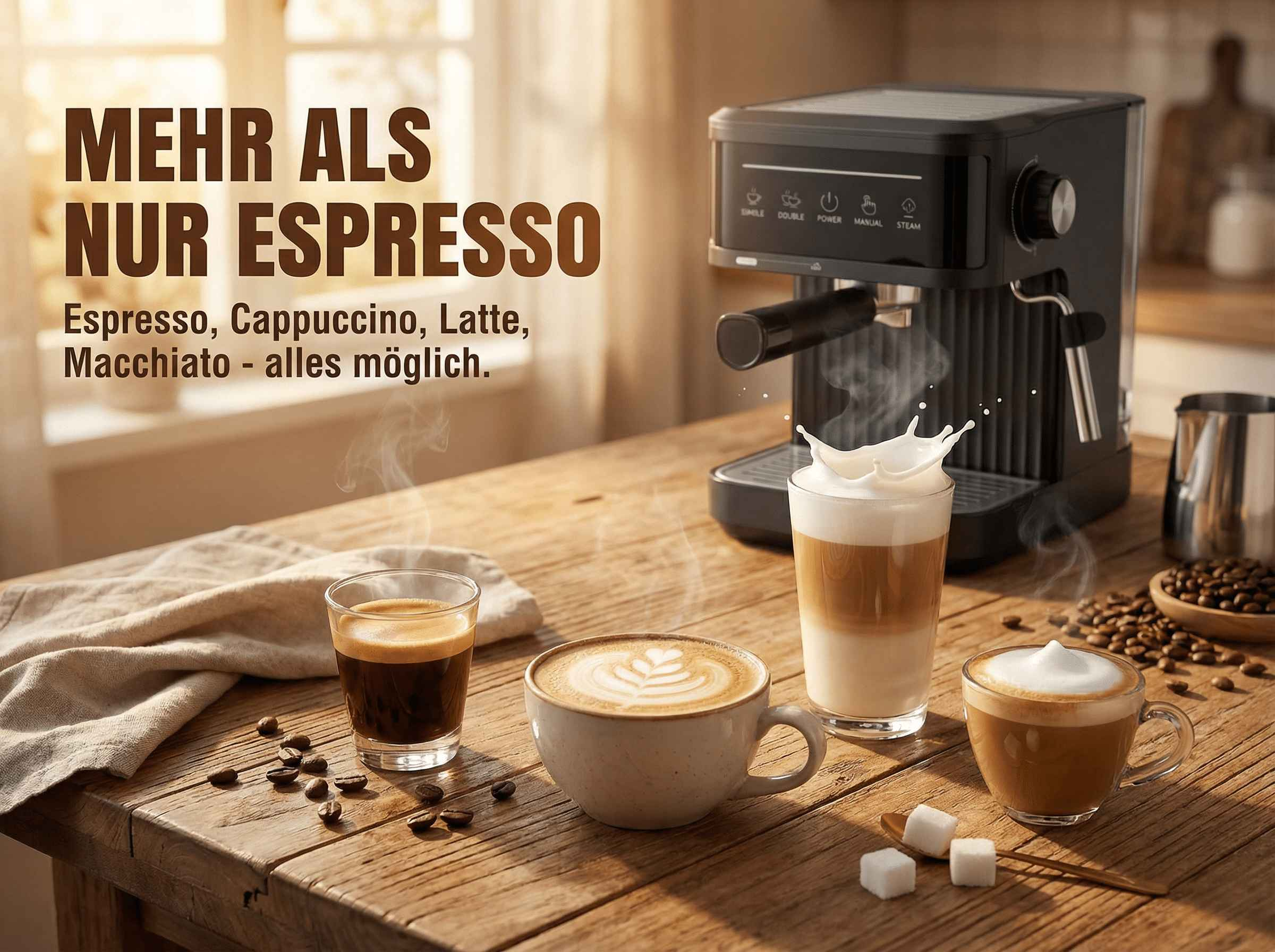 Kaffeemaschine mit Kaffeegetränken: Espresso, Cappuccino, Latte, Macchiato.