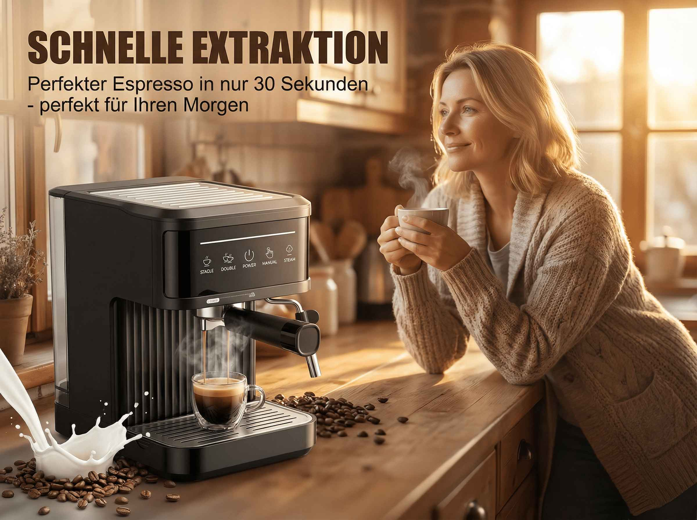 Eine Frau hält eine dampfende Tasse Kaffee. Eine Espressomaschine brüht Espresso.